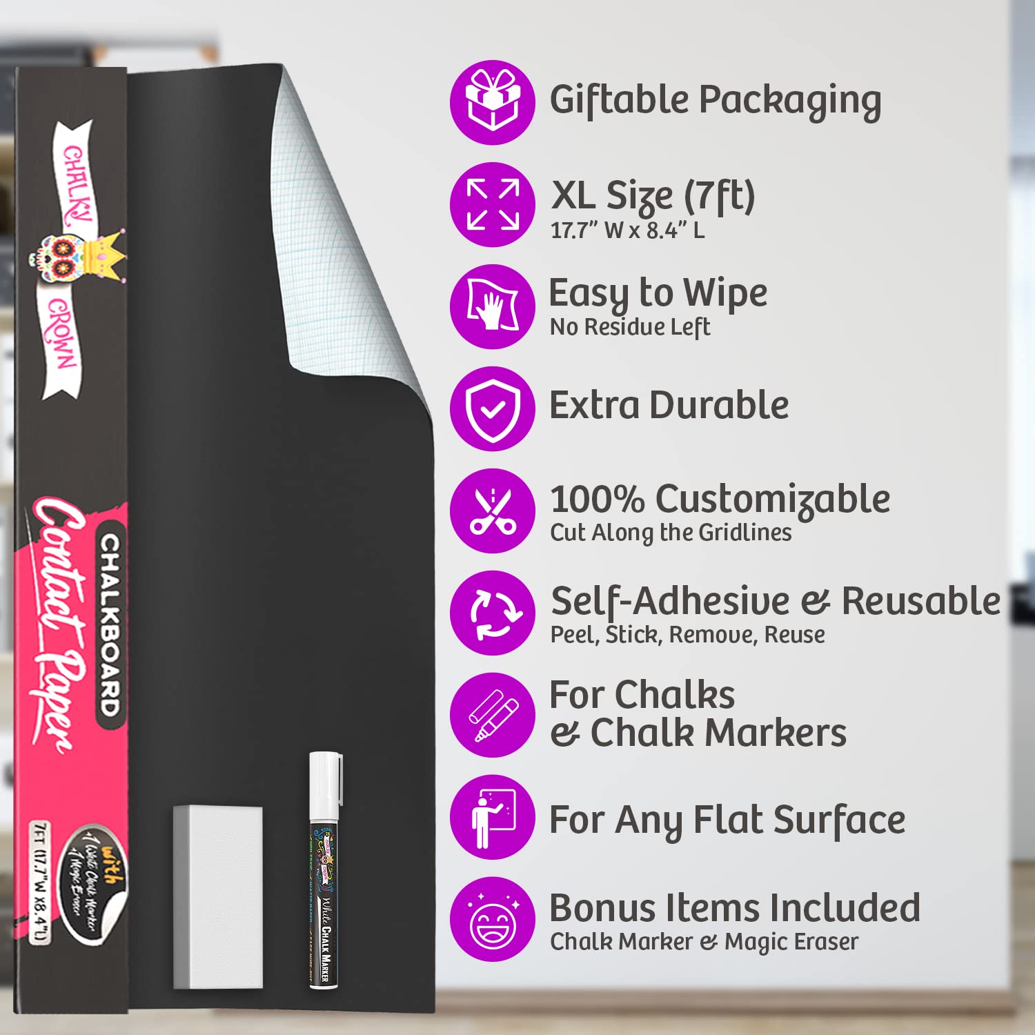 Chalkboard Contact Paper Roll - Peel & Stick Black Wallpaper for Walls & DIY Projects (7 Feet)