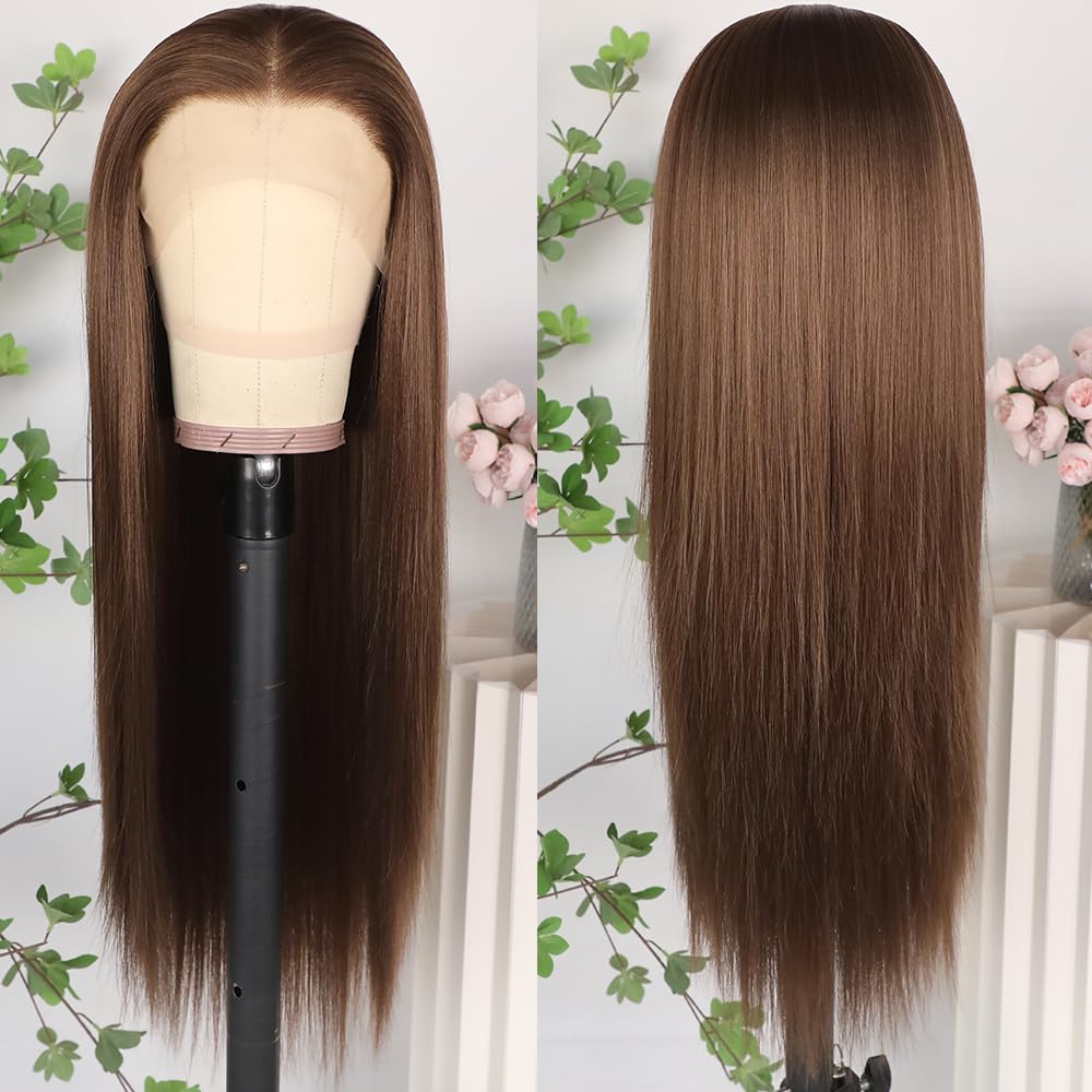 Lezaxiu Brown Lace Front Wig - Pre Plucked Ready to Wear Glueless Synthetic Wig with Natural Hairline | Auburn Brown Long Straight Heat Resistant Hair | Fashion Wigs for Women | Perfect for Cosplay, Daily Wear & Special Occasions