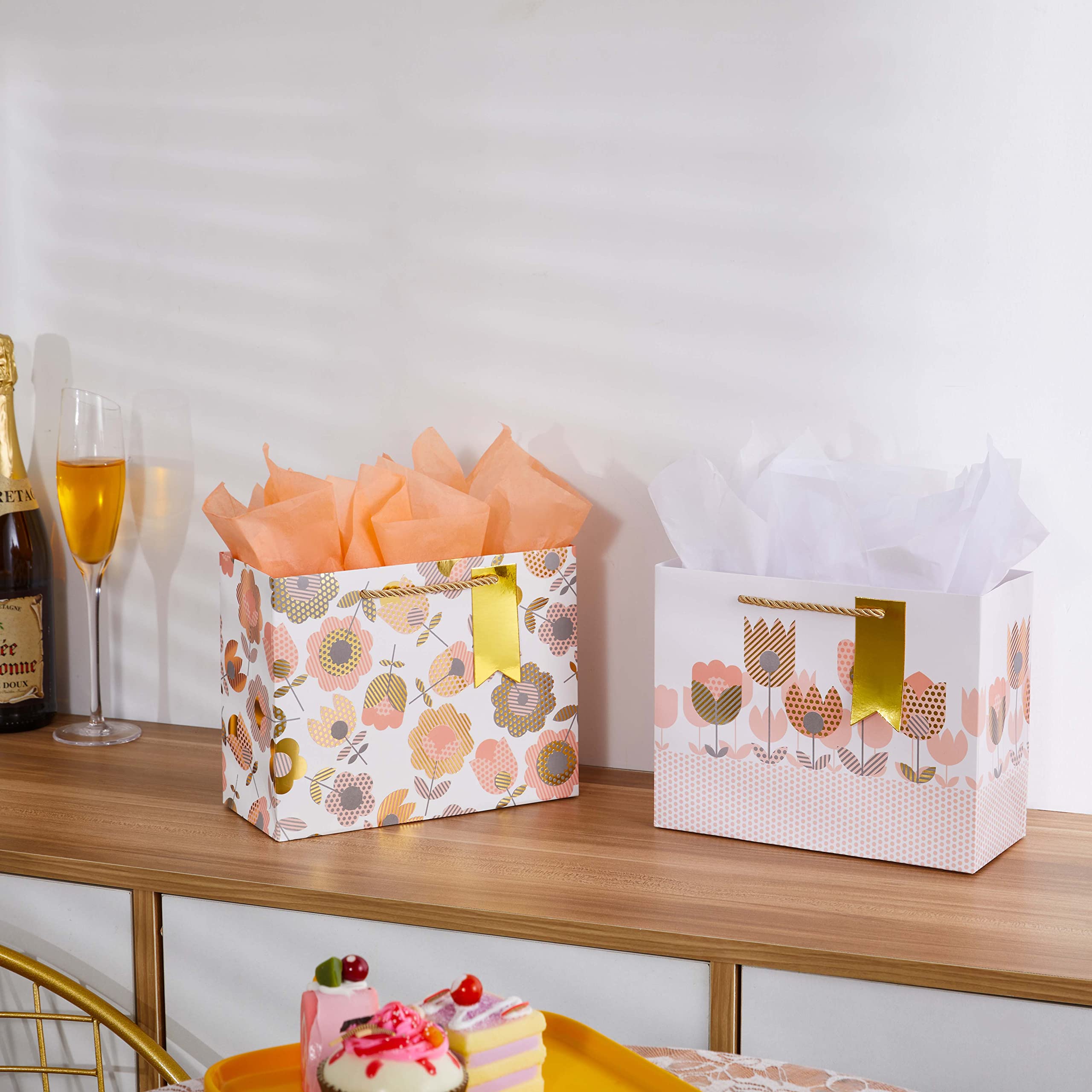 SUNCOLOR 2-Pack 9 Inch Small Gift Bags with Tissue Paper for Women - Floral Tulip Design | Perfect for Birthday, Wedding, Baby Shower & Party Favors