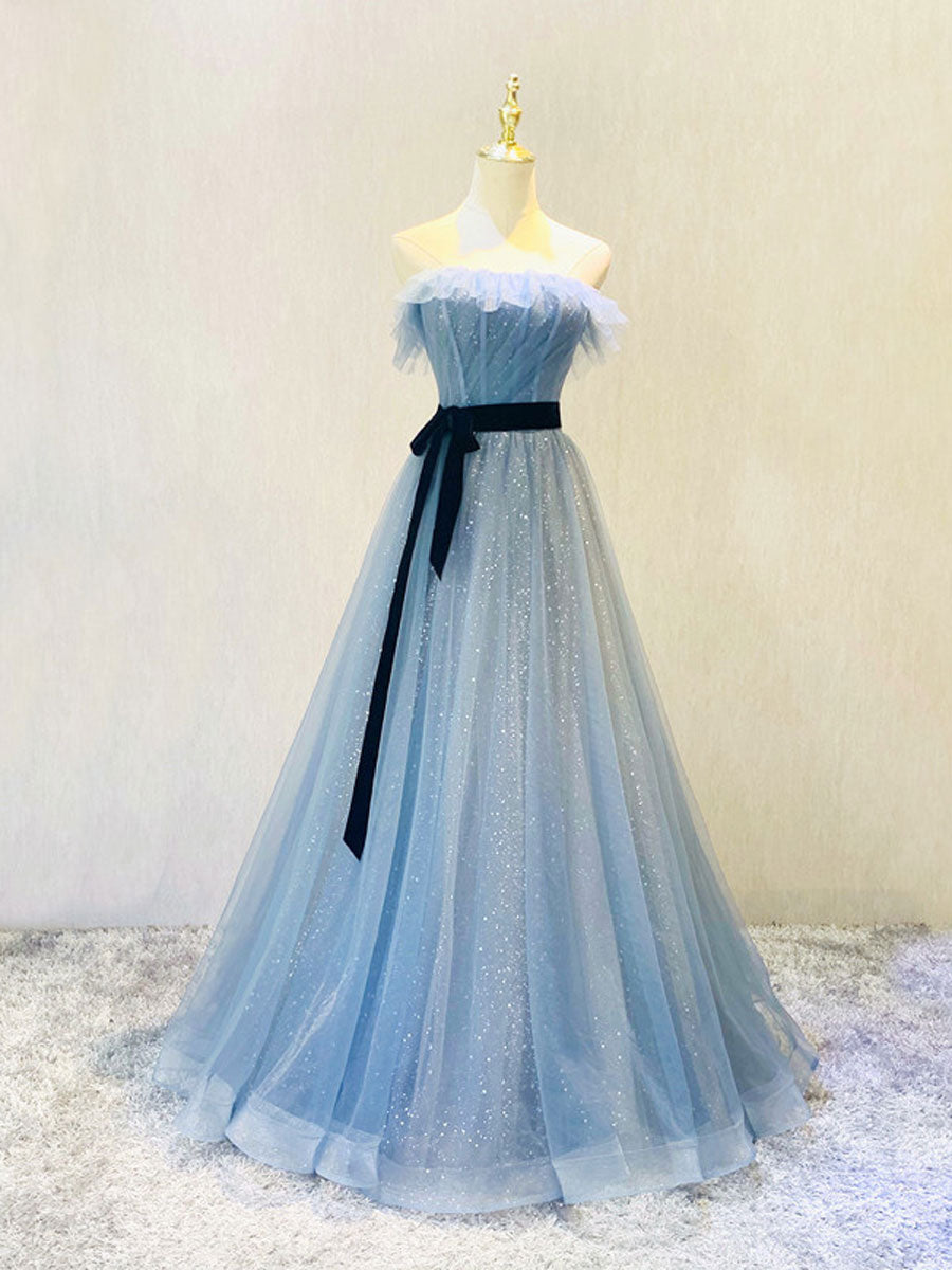 Elegant Blue Tulle Sequin Long Prom Dress for Women - Formal Evening Gown for Homecoming, Ball, Quinceañera & Special Occasions