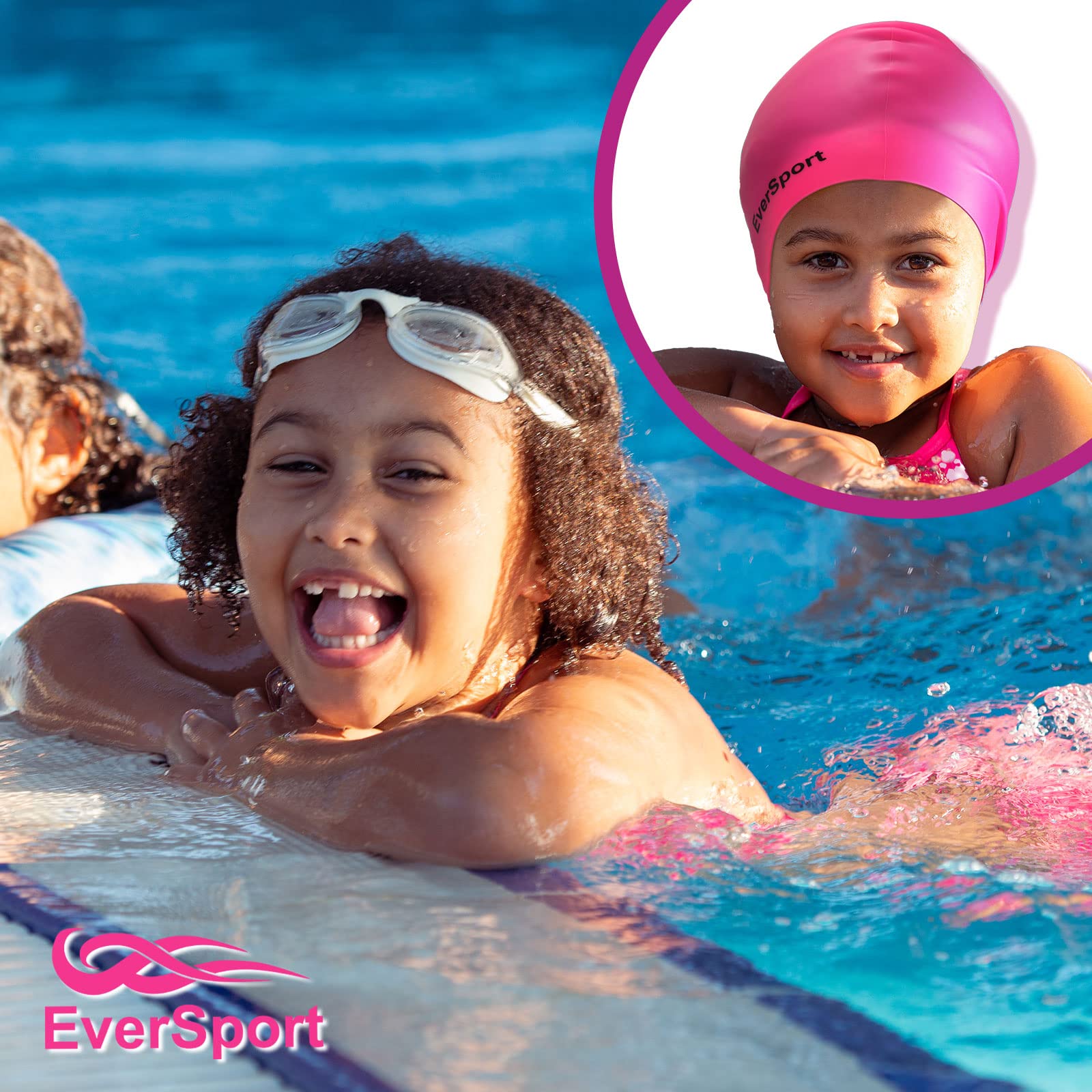EverSport Kids & Youth Large Swim Cap for Girls Ages 6-14 - Silicone Swimming Cap for Long Hair & Braids - Keeps Hair Dry - Perfect for Swimming Lessons, Pool Parties & Beach Activities