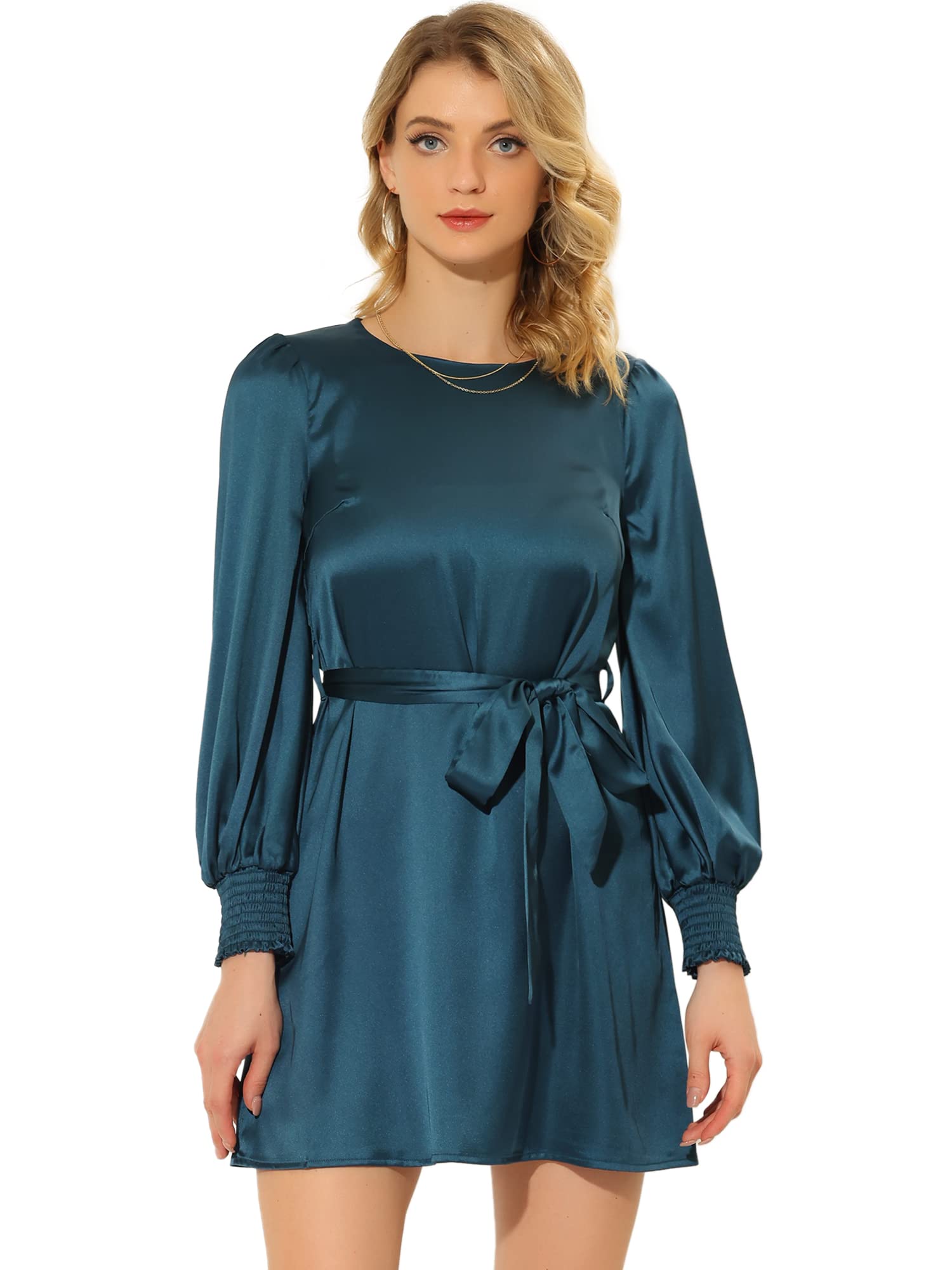 Allegra K Women's Satin Shift Dress with Lantern Sleeves & Tie Waist - Elegant Round Neck Party Cocktail Dress for Wedding, Evening & Special Occasions