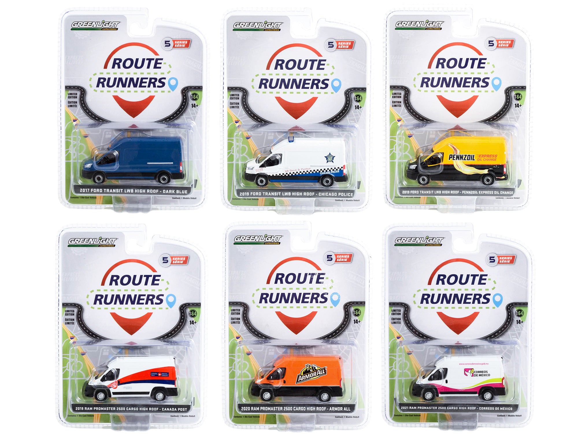 Greenlight Vans Series 5 1/64 Diecast Model Cars - Set of 6 Route Runners Collectible Vehicles for Display & Play | Perfect for Car Enthusiasts & Toy Collectors