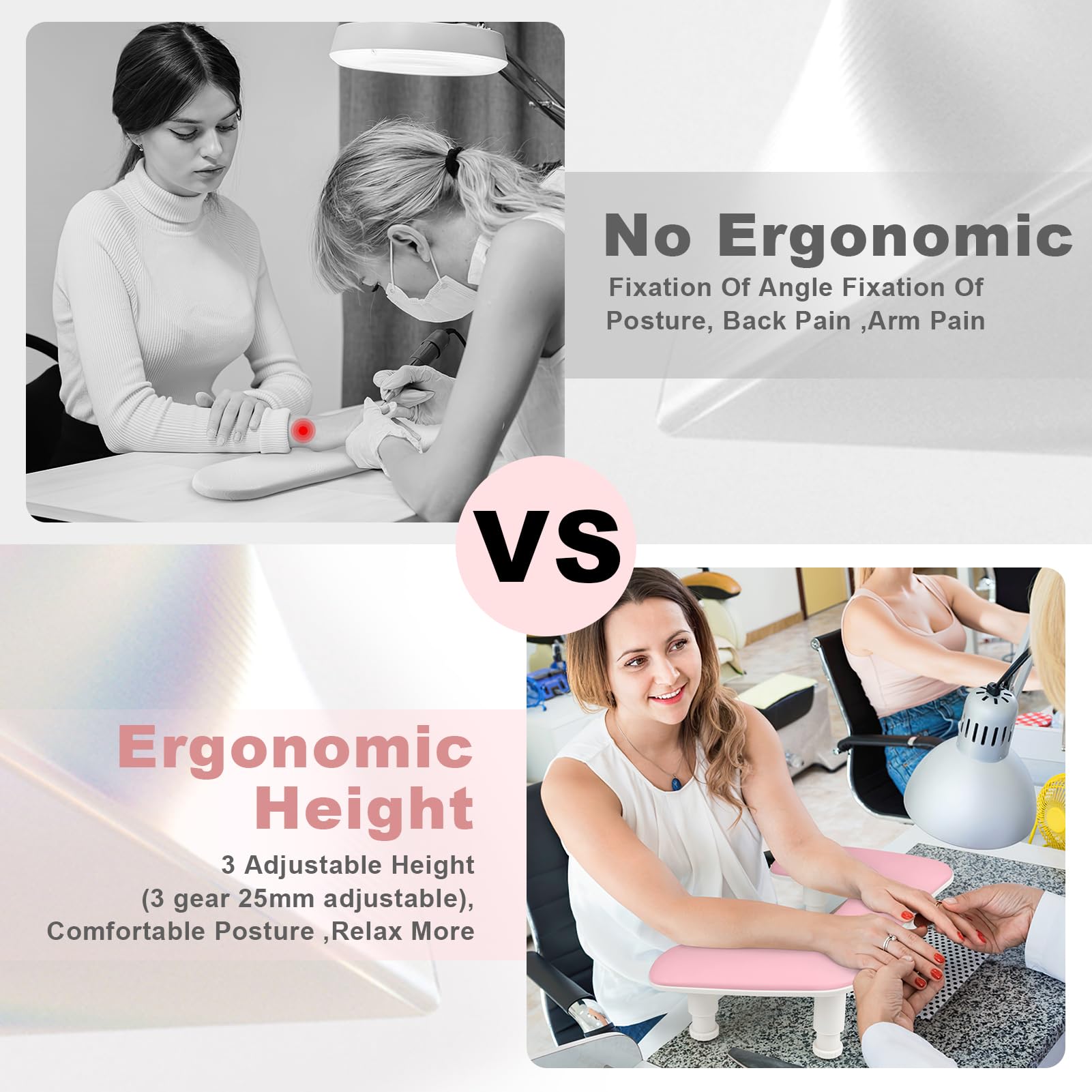 Adjustable U-Shaped Nail Tech Arm Rest - Microfiber PU Leather Manicure Hand Support for Salon Professionals (White/Pink) | Ergonomic Nail Art & Gel Polish Workspace Solution