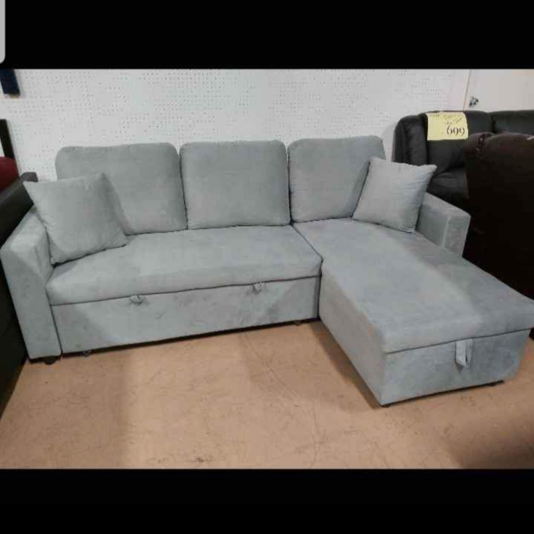 Grey Velvet Pull Out Sectional Sofa Bed With Storage - Model Vee | Convertible Sleeper Sofa with Hidden Storage | Perfect for Small Apartments, Guest Rooms & Living Rooms