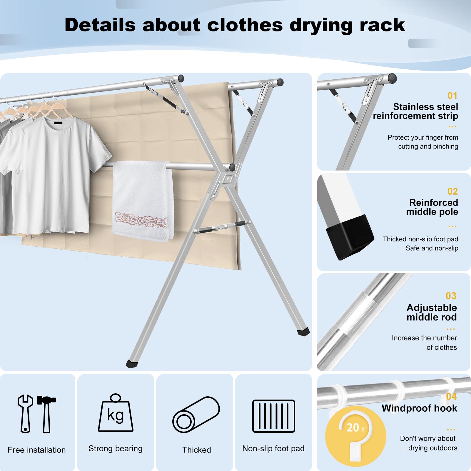 Stainless Steel Heavy Duty Foldable Clothes Drying Rack - 79 Inch Collapsible Laundry Rack with Windproof Hooks for Indoor & Outdoor Use - Perfect for Apartments, Balconies, and Small Spaces
