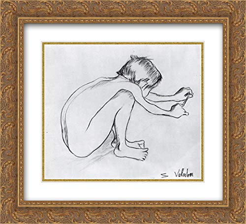 Vintage Maurice Utrillo 'Playing With A Sling Shot' 22x20 Inch Gold Ornate Framed Art Print - Double Matted Museum Quality Reproduction by Suzanne Valadon | Perfect for Home Decor, Office Wall Art & Gift Giving