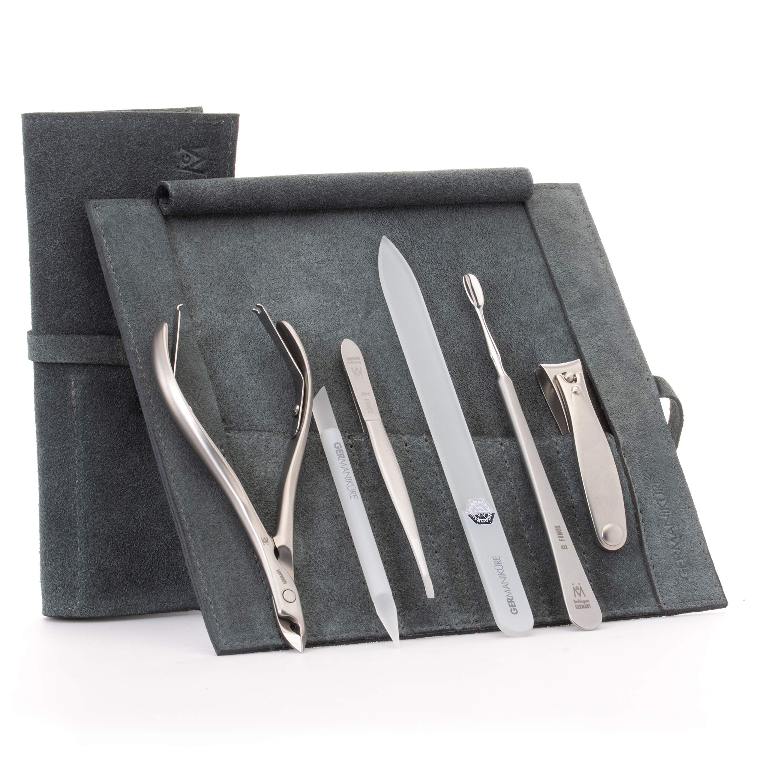 Premium 6pc Professional Manicure Set with Stainless Steel Tools & Glass Nail Files - German Made Cuticle Care Kit in Gray Suede Case - Perfect for Home Salon, Travel & Gift Giving