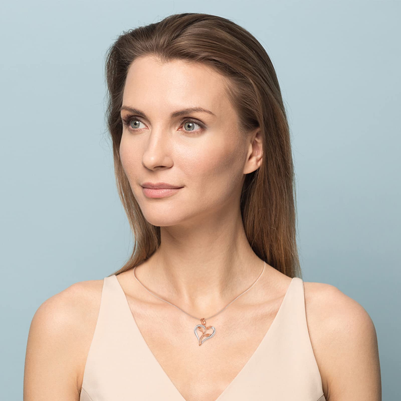 Valentine's Day Rose Necklace for Women - Cubic Zirconia Heart Pendant in Silver & Rose Gold 2-Tone with Jewelry Box - Perfect Romantic Gift for Her, Birthday, Anniversary & Special Occasions