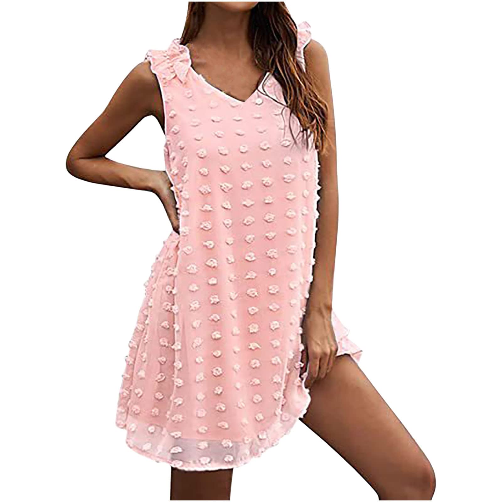 Women's Sweet Cute V-Neck Sleeveless Mini Babydoll Dress - Swiss Dot Ruffled Swing Dress for Casual Summer Outings | Perfect for Beach Vacations, Date Nights & Brunch Parties