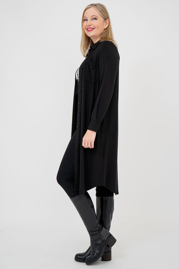 Lois Duster Coat - Black Bamboo Fabric - Stylish Outerwear for Women - Perfect for Fall Fashion & Casual Outings