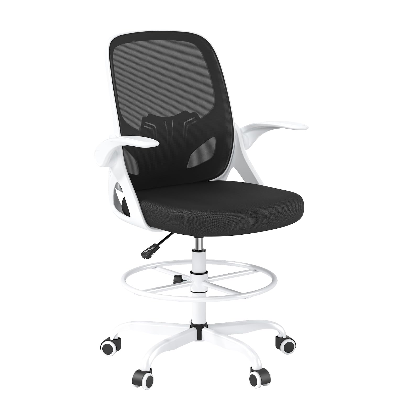 Ergonomic Tall Drafting Chair with Footrest Ring & Lumbar Support - Adjustable Height Office Chair with Flip-Up Arms for Home & Work (White) - Perfect for Architects, Artists, and Extended Computer Work Sessions