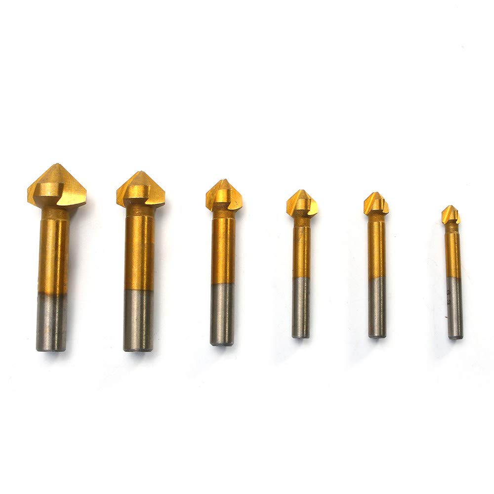 6-Piece Titanium 3 Flute 90 Degree Chamfer End Mill Cutter Set - Countersink Drill Bits for Metal, Wood & Plastic - Perfect for CNC Milling, DIY Projects & Professional Machining