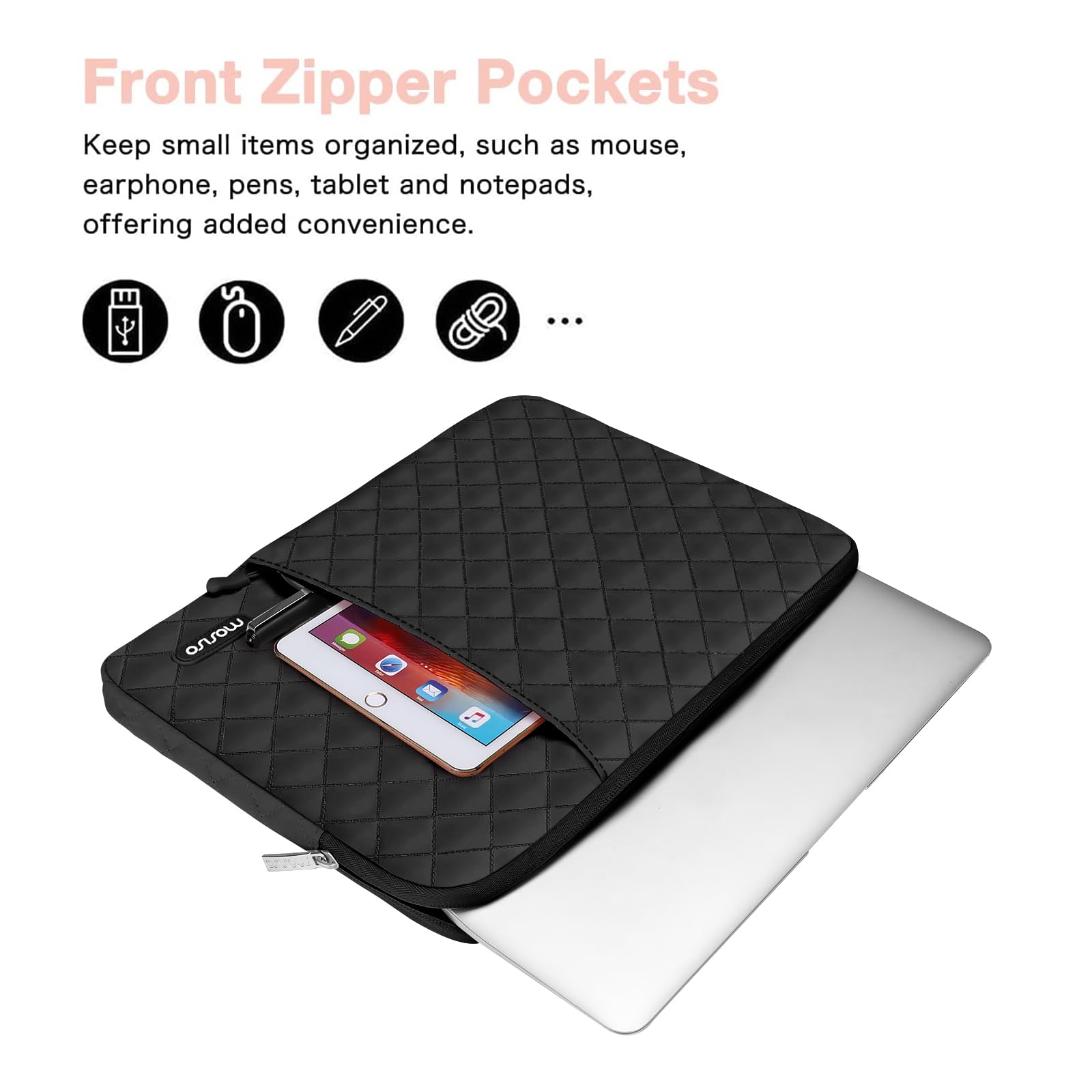 MOSISO 15 Inch Laptop Sleeve Bag - Waterproof Quilted Vertical Case Compatible with MacBook Air M4/M3/M2 (2023-2025), Surface Pro, Dell XPS - Protective Computer Bag with Front Pocket & Accessory Pouch (Black) - Perfect for Work, School & Travel