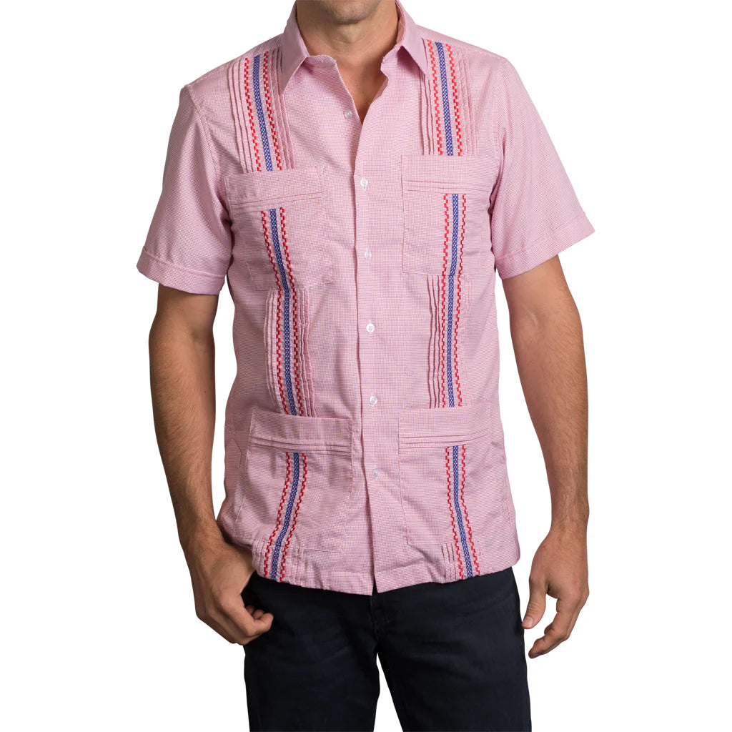 San Cristobal Red Checkered Short Sleeve Guayabera Shirt for Men - Casual Summer Wear, Beach Outings & Tropical Vacations
