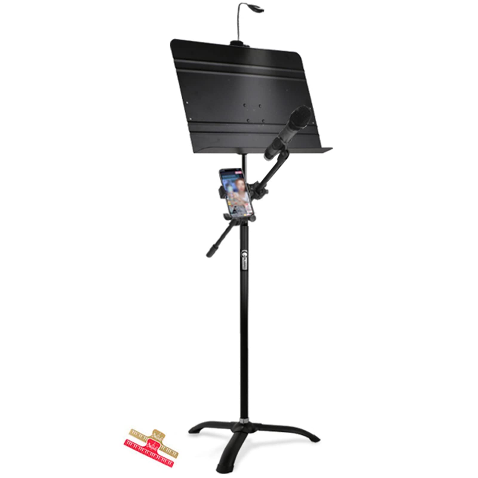 Portable Folding Sheet Music Stand with Phone Holder, Microphone Stand & Light - Perfect for Violin, Guitar, Piano & Keyboard Players - Ideal for Home Practice, Stage Performances & Music Lessons