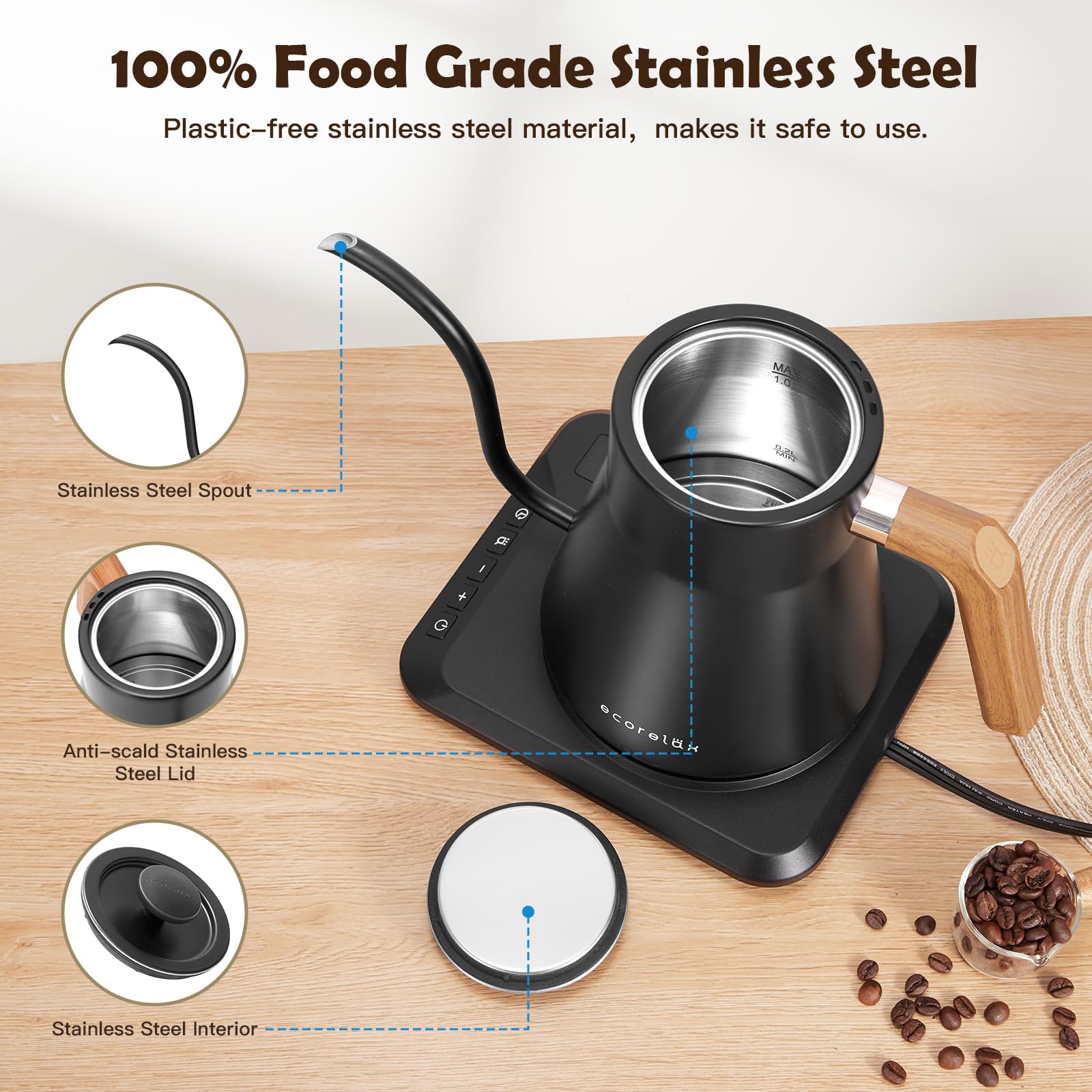 ECORELAX Gooseneck Electric Kettle with Precise ±1℉ Temperature Control - 1200W Fast Heating Stainless Steel Pour Over Kettle for Coffee, Tea & Hot Water - 1L Capacity with Keep Warm Function & OLED Display (Black) - Perfect for Home, Office & Specialty Brewing