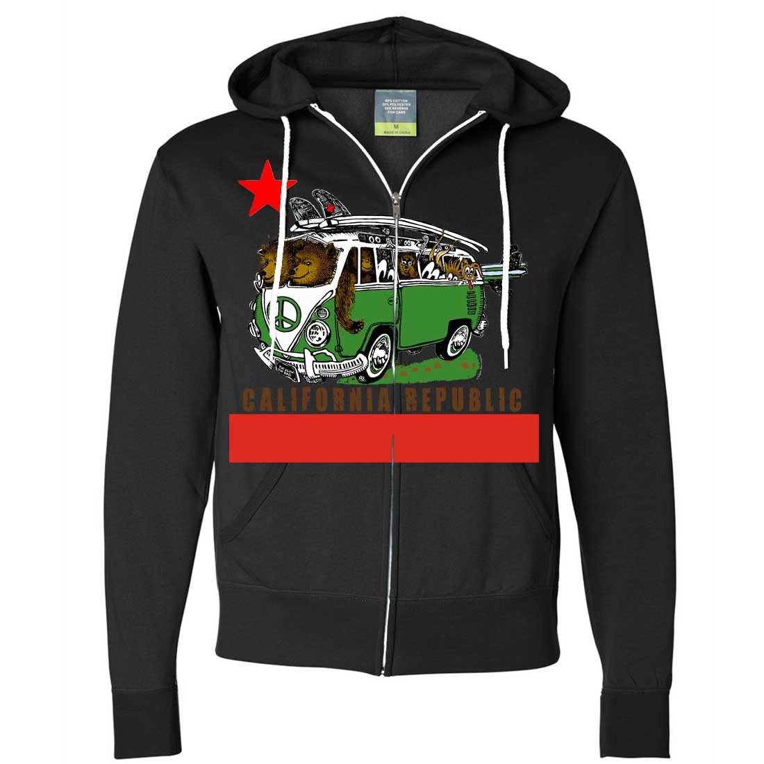 California Republic Bear Surf Bus Zip-Up Hoodie - Stylish Unisex Pullover for Surfing, Skateboarding & Outdoor Adventures