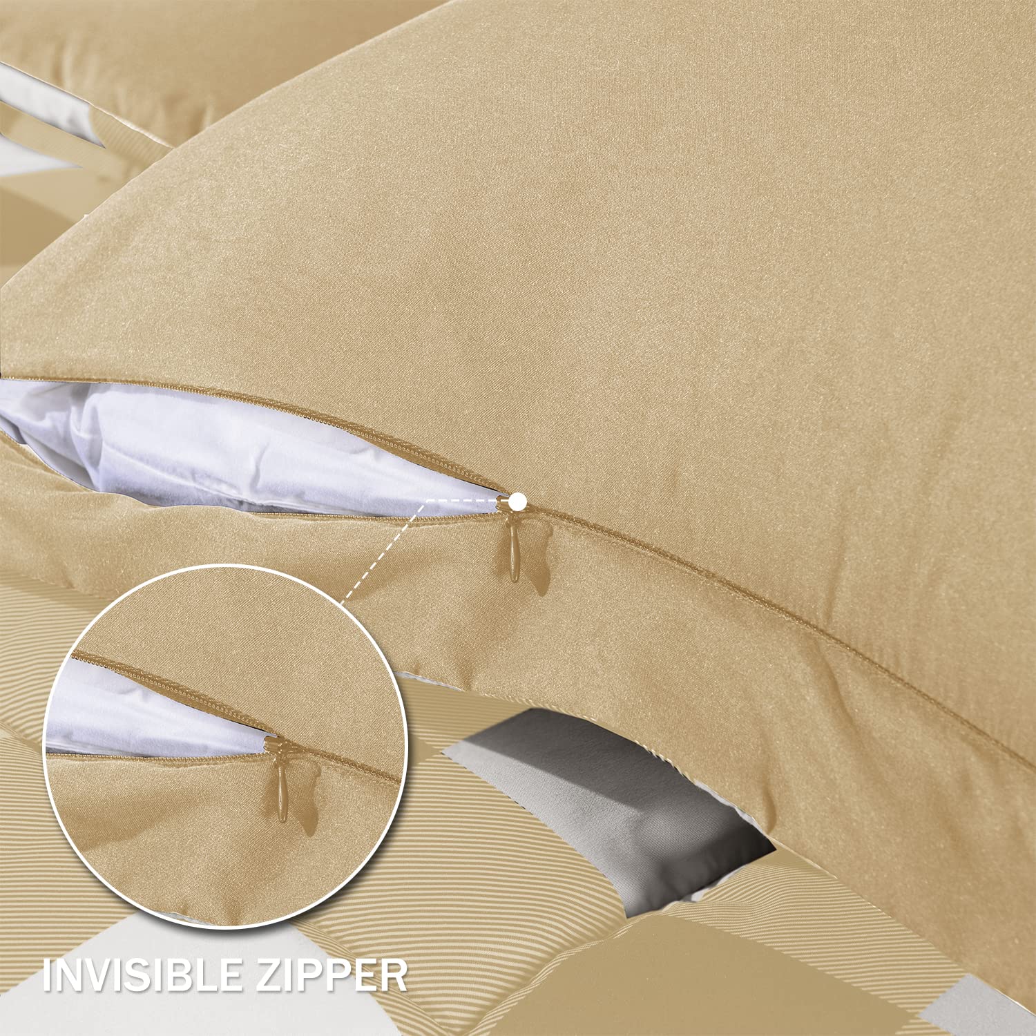 Downluxe Lightweight Plaid Comforter Set Queen Size - 3 Piece Reversible Down Alternative Bedding with 2 Pillow Shams - Khaki White Plaid Pattern - Soft Breathable All Season Comforter for Cozy Bedroom Decor