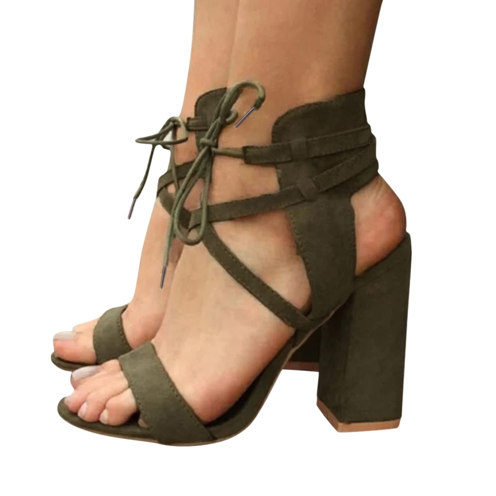 LUOPUNAQ Women's Chunky Block Heel Sandals - Peep Toe Lace-Up Dress Shoes with Strap for Party, Casual & Fashion Outfits | Comfortable High Heels in Green