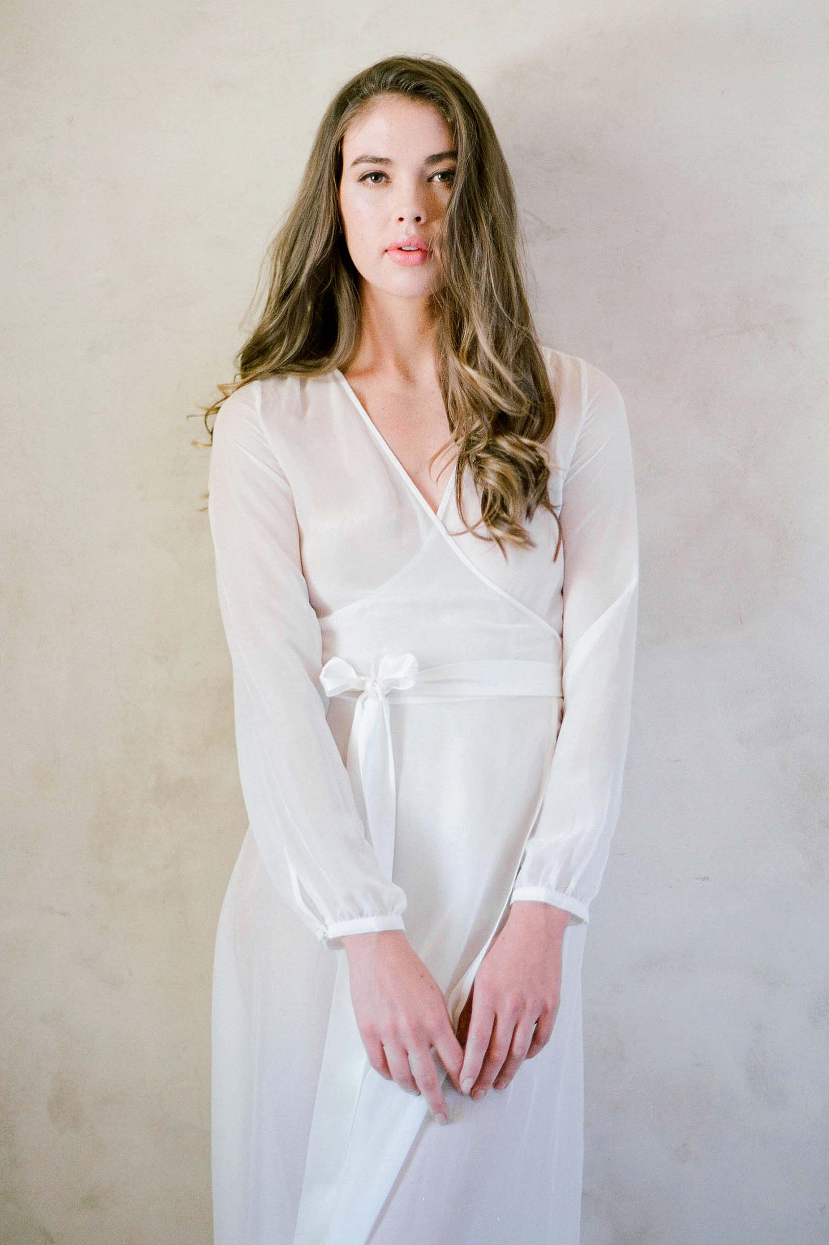 Nina Ivory Silk Chiffon Wrap Robe - Luxurious Lightweight Kimono Style Bathrobe for Women | Perfect for Spa, Bridal Shower & Hotel Getaways
