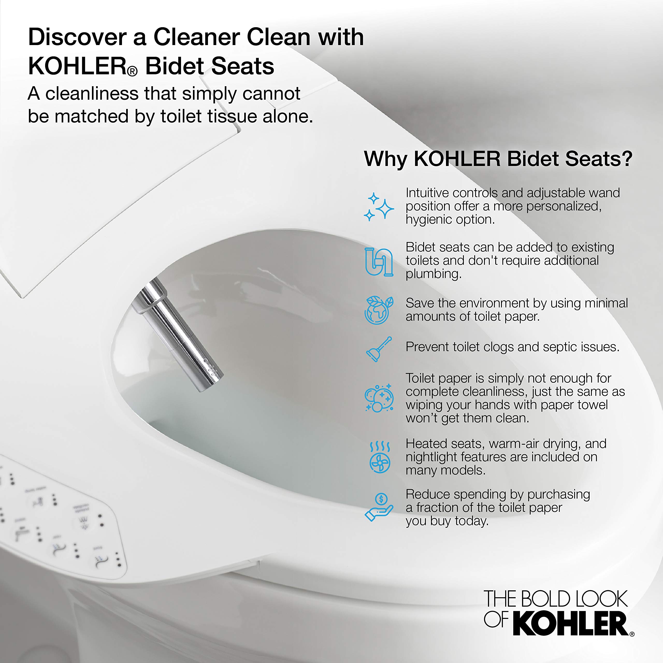 KOHLER Purewash E580 Round Bidet Toilet Seat - White, Quiet-Close Lid, Self-Cleaning Nozzle, Adjustable Water Pressure & Temperature - Perfect for Modern Bathrooms & Luxury Home Upgrades