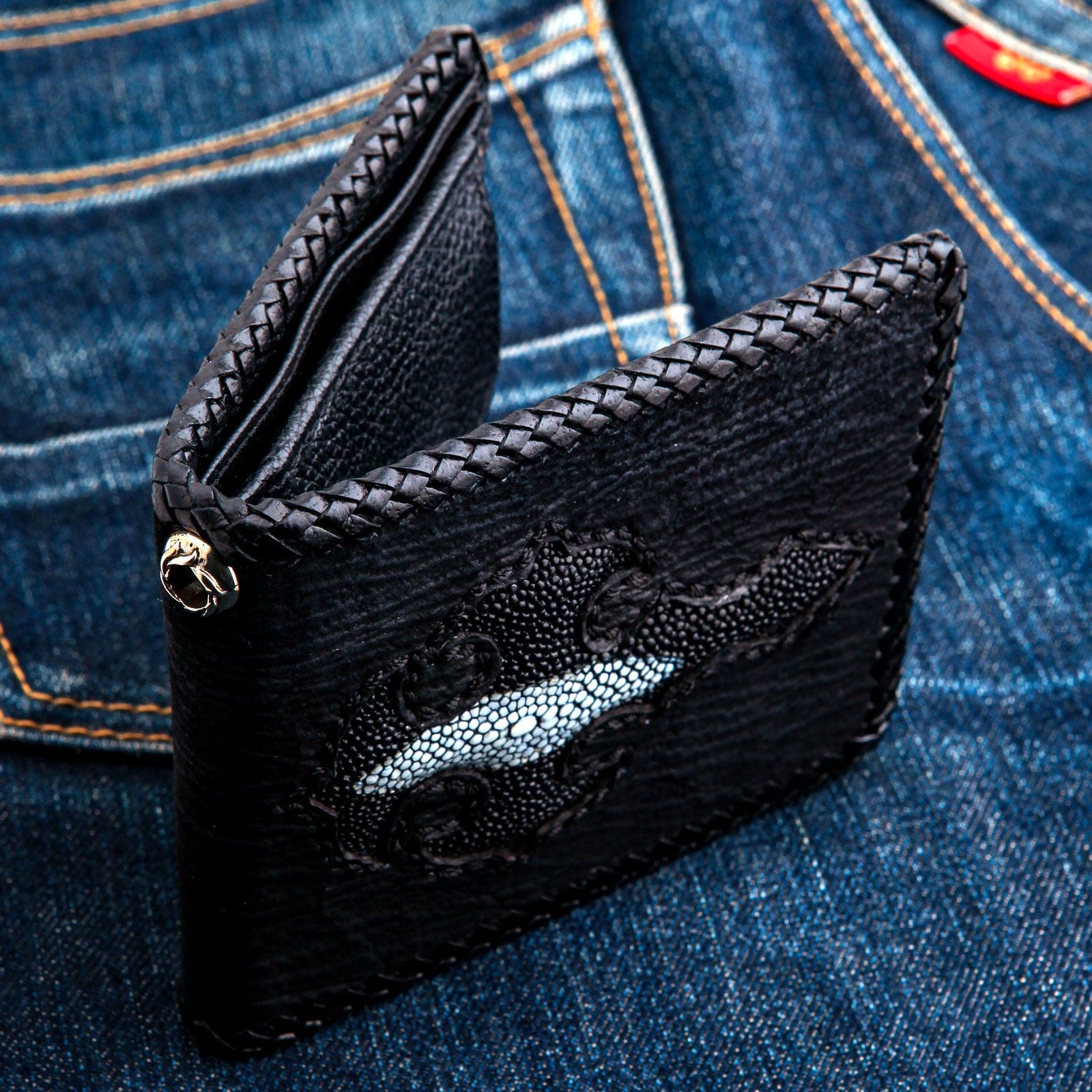 Genuine Black Stingray Leather Biker Wallet with Cross Inlay - Stylish & Durable Chain Wallet for Men, Perfect for Motorcycle Riders & Everyday Use