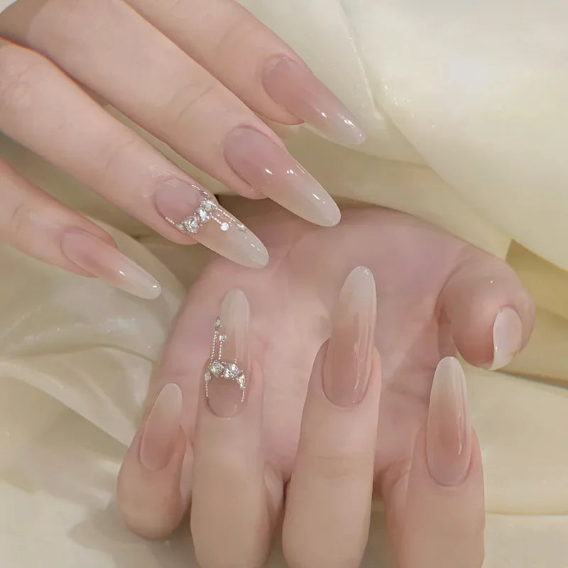 24Pcs Long Press on Nails with Gradient & Butterfly Rhinestone Design - Full Cover Detachable Fake Nails for Women - Oval Shaped Fashion Nail Tips for Parties, Weddings & Special Occasions