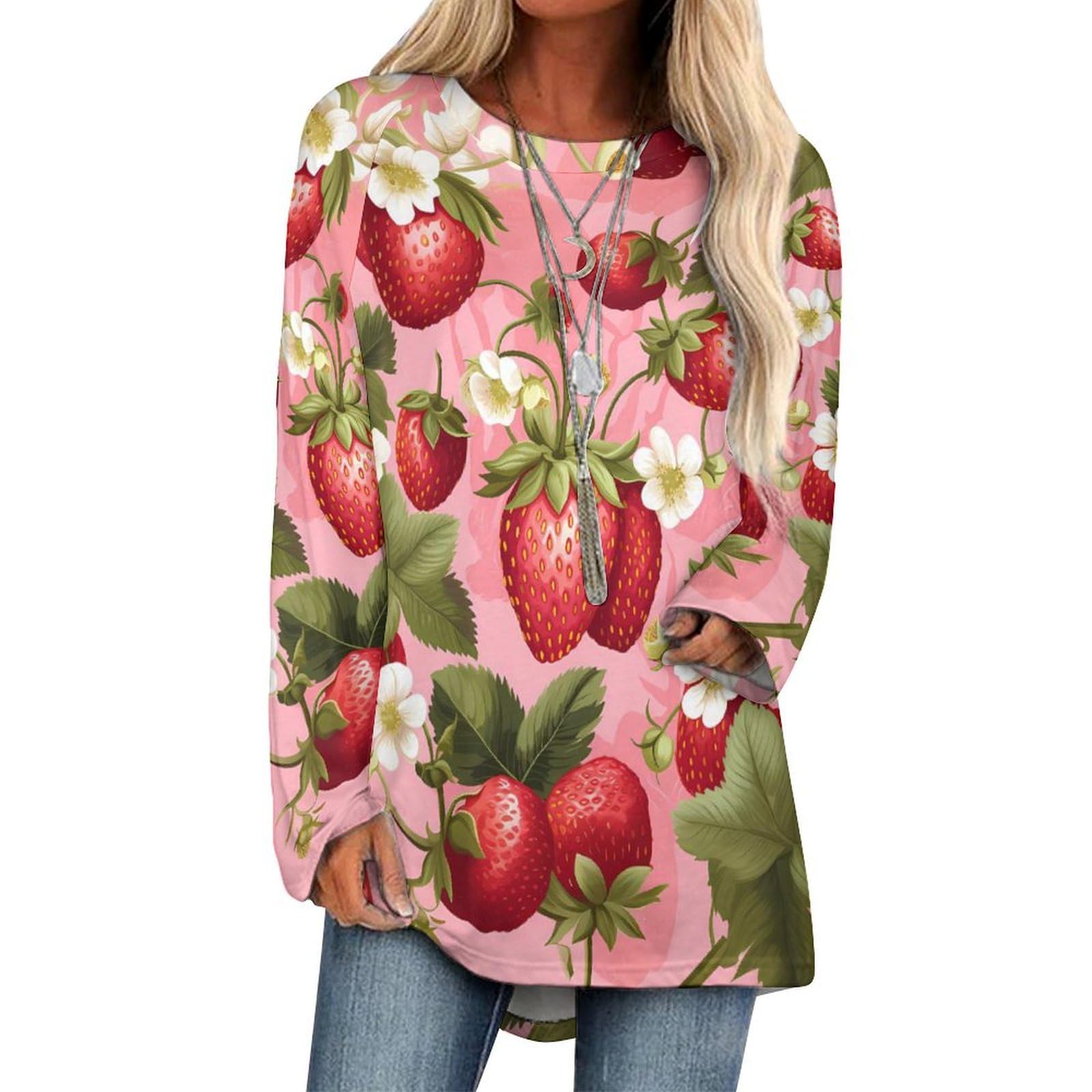 Sweet Strawberry Print Women's Long Sleeve T-Shirt - Soft Crew Neck Casual Blouse, Loose Fit Top for Everyday Wear, Work & Weekend Outings