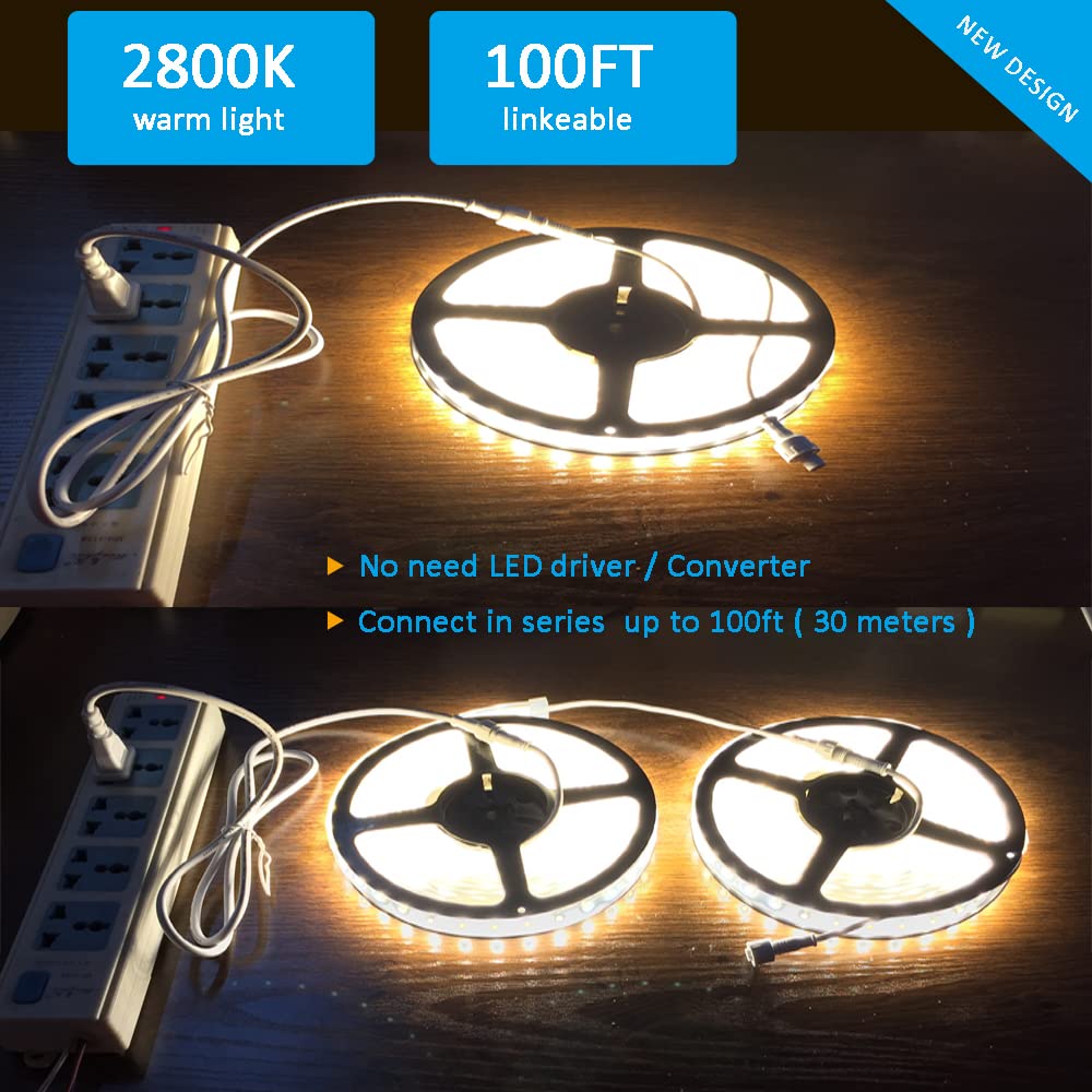 120V LED Strip Light Dimmable by Wall Dimmer Switch, Waterproof IP65, No Need LED Driver, Warm White 2800K 110V LED Rope Light, 300 LED 16.4ft LED Tape Light 115V Under-Cabinet Light Flexible - Perfect for Kitchen, Bedroom, Living Room, and Outdoor Lighting Decorations