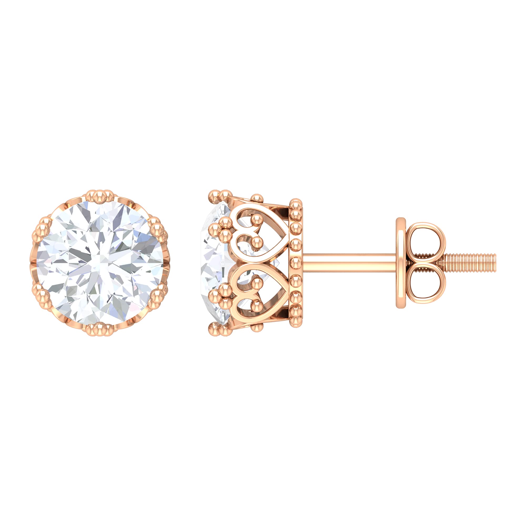 2 CT Zircon and 10K Solid Gold Crown Stud Earrings - 6 MM Round Cut Solitaire Earrings for Women | Elegant Everyday Wear, Gift for Anniversary, Birthday & Special Occasions
