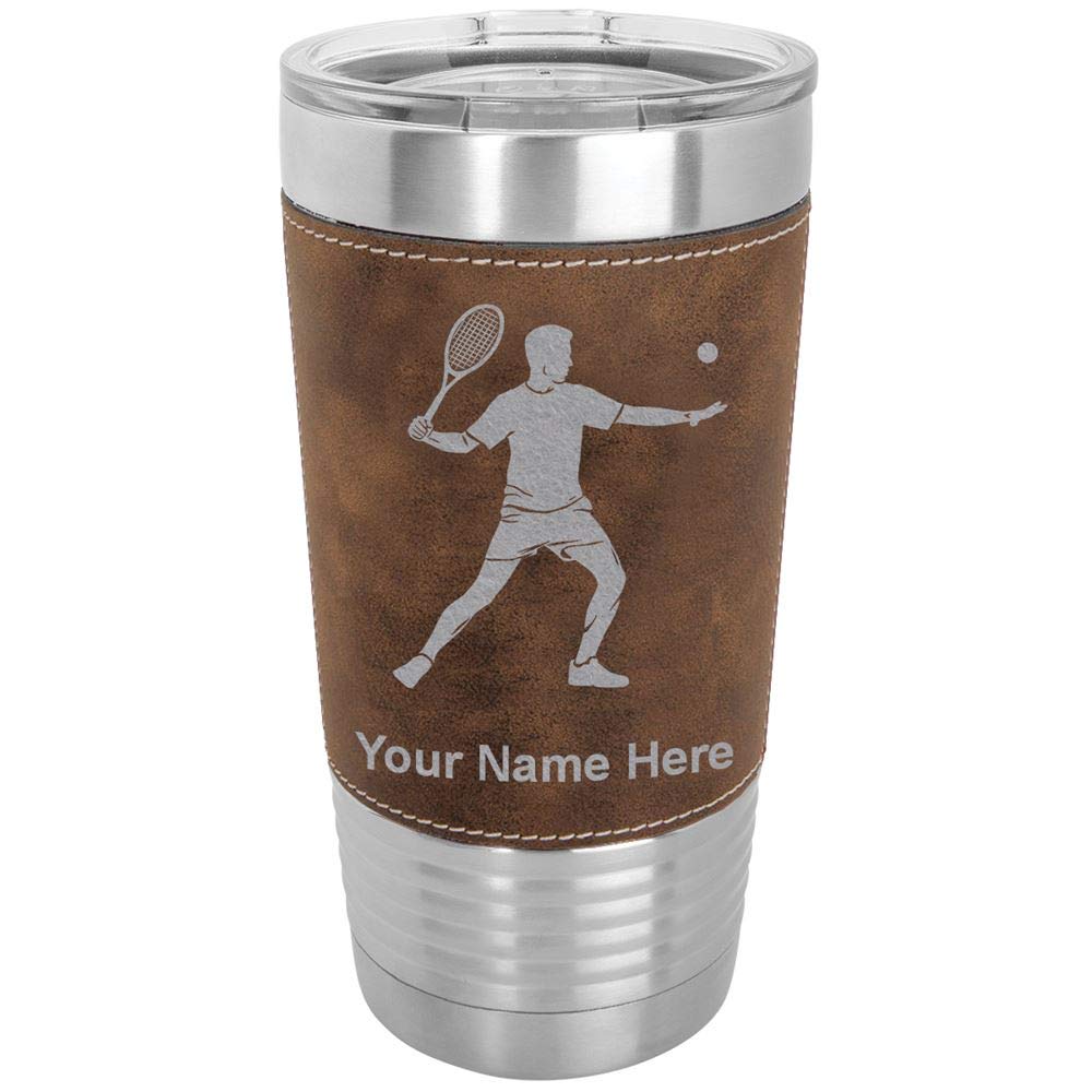 LaserGram 20oz Vacuum Insulated Stainless Steel Tumbler Mug - Custom Tennis Player Design with Personalized Engraving, Faux Leather Base & Rustic Finish | Perfect Gift for Tennis Lovers, Gym Water Bottle & Outdoor Sports Hydration