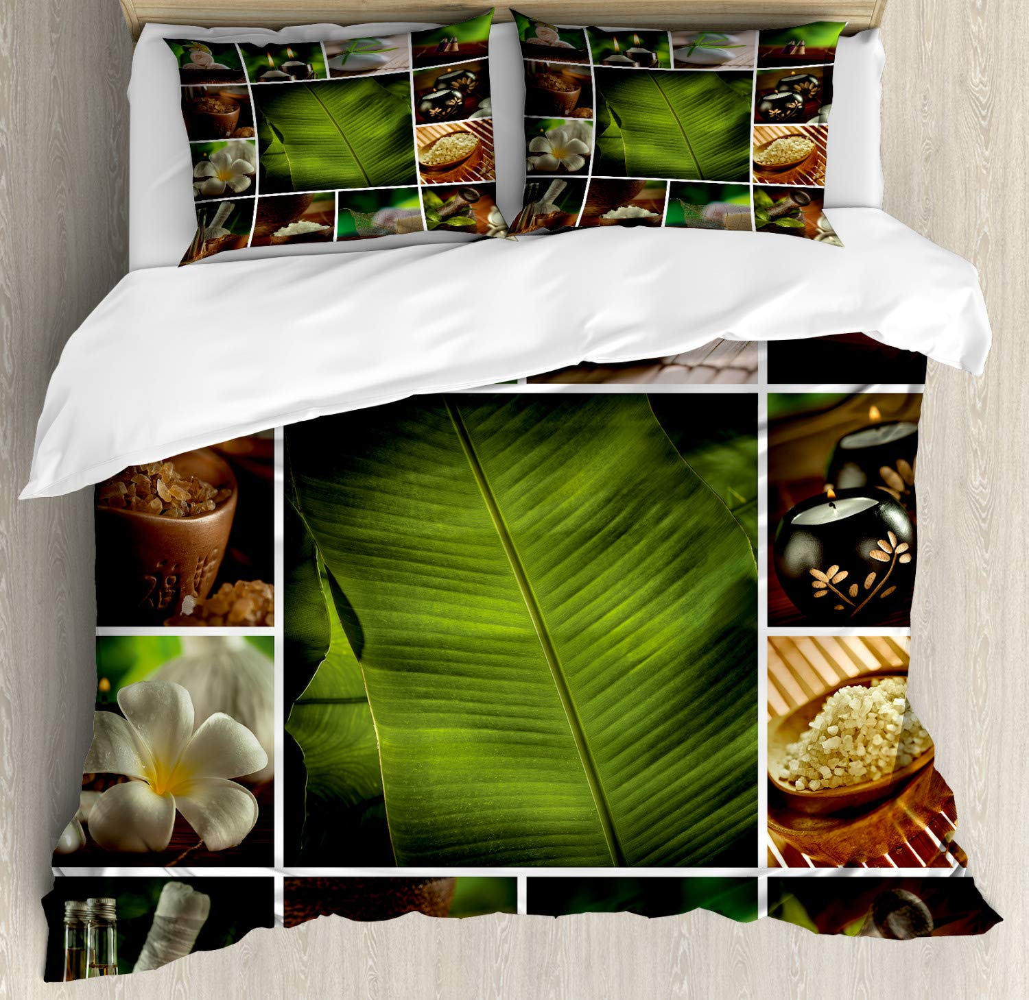 Ambesonne Spa Duvet Cover Set 3-Piece | Botanical Plants & Aromatherapy Design with Candles, Stones & Herbal Salts | California King Size Green White Brown Bedding | Perfect for Relaxing Spa Nights & Zen Bedroom Decor