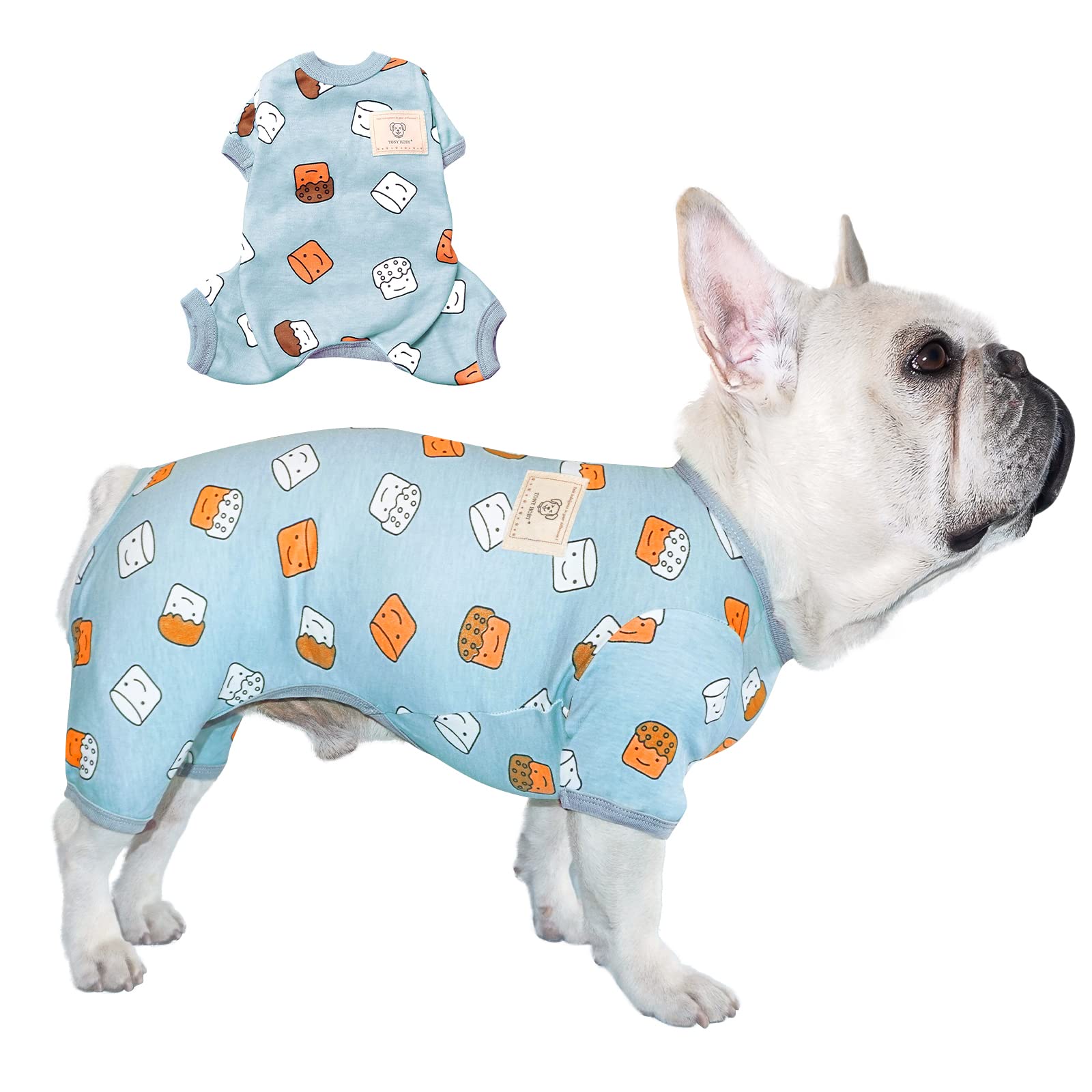 TONY HOBY Dog Pajamas - Cute Smile Cupcake Print 4-Legged Dog Jumpsuit for Small & Medium Dogs (Blue, XL) - Cozy Sleepwear for Pets, Perfect for Winter Nights & Indoor Lounging