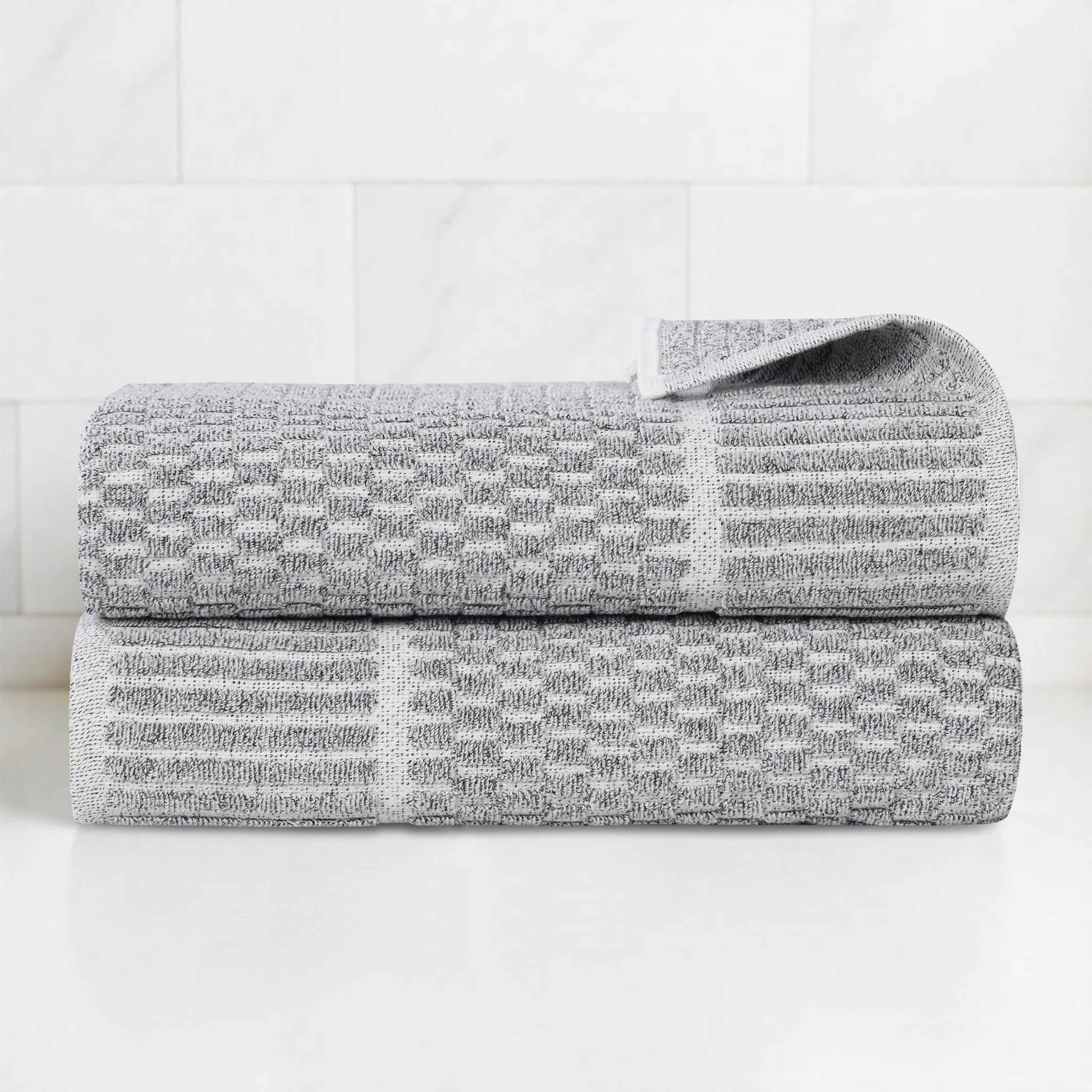 Premium Cotton Blend Checkered Border Bath Towels Set of 2 - Soft, Absorbent & Quick-Drying Medium Weight Towels for Bathroom, Spa, Gym & Beach Use