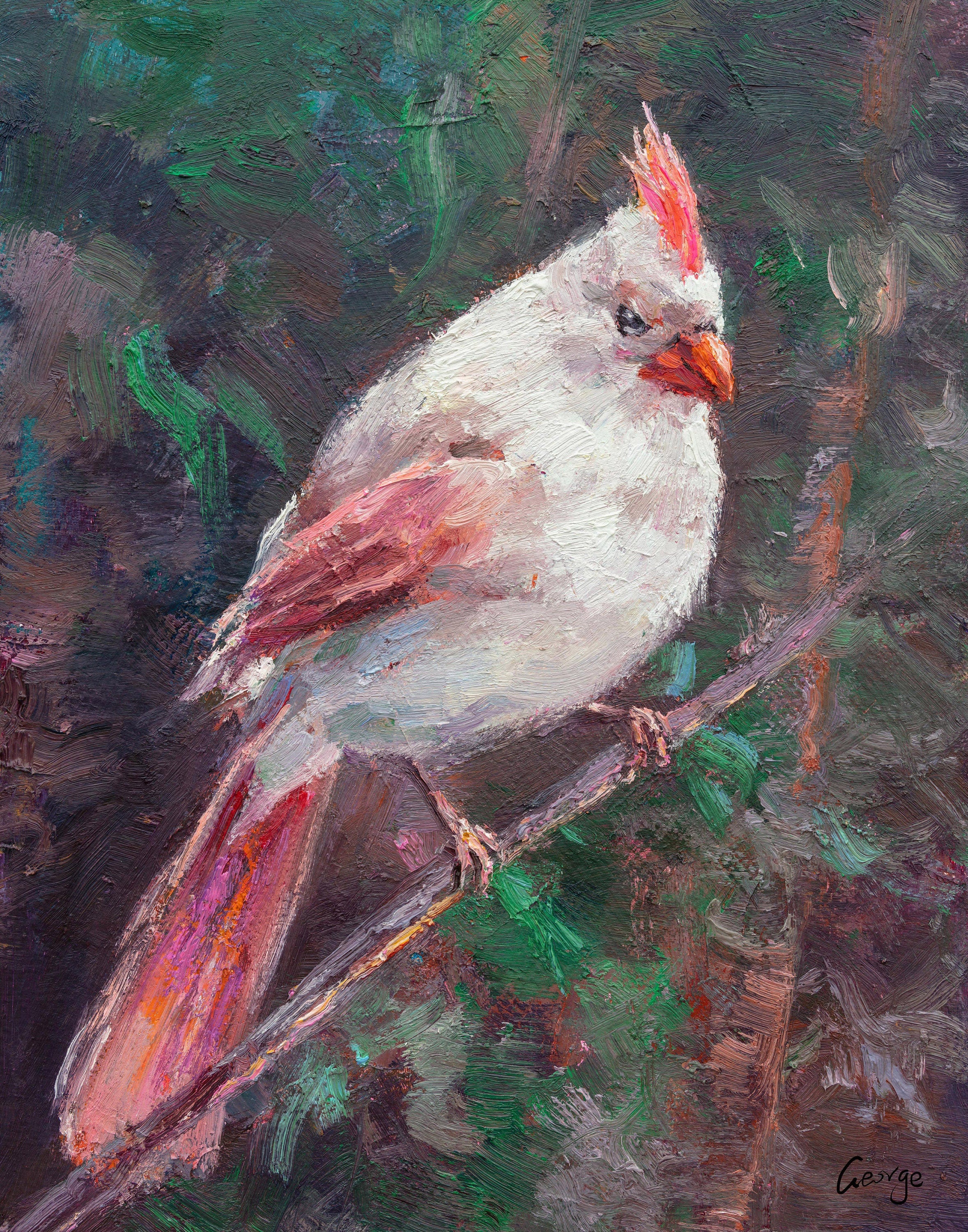 Northern Cardinal Female Bird Painting - Abstract Canvas Art, Oil Painting, Contemporary Modern Wall Decor - Perfect for Living Room, Bedroom & Office Decor