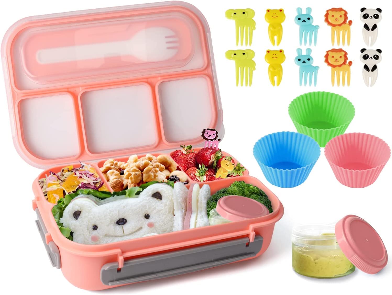 **1300ML Bento Lunch Box for Kids & Adults - 4 Compartment Leakproof Bento Containers Set with Mini Containers, Fruit Picks & Muffin Silicone Cup - Perfect for School, Work & Picnics (Pink)**