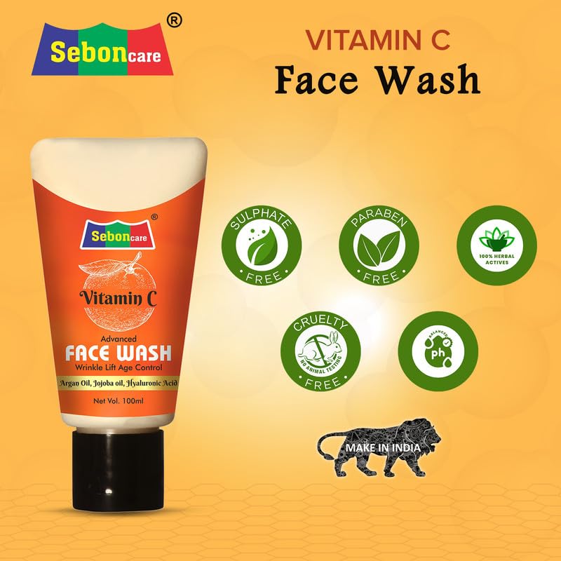 SebonCare Vitamin C Face Wash with Hyaluronic Acid, Vitamin E & Natural Oils for Brightening, Tightening & Anti-Aging - 200ml | Gentle Daily Cleanser for Glowing Skin | Perfect for Morning & Night Skincare Routine