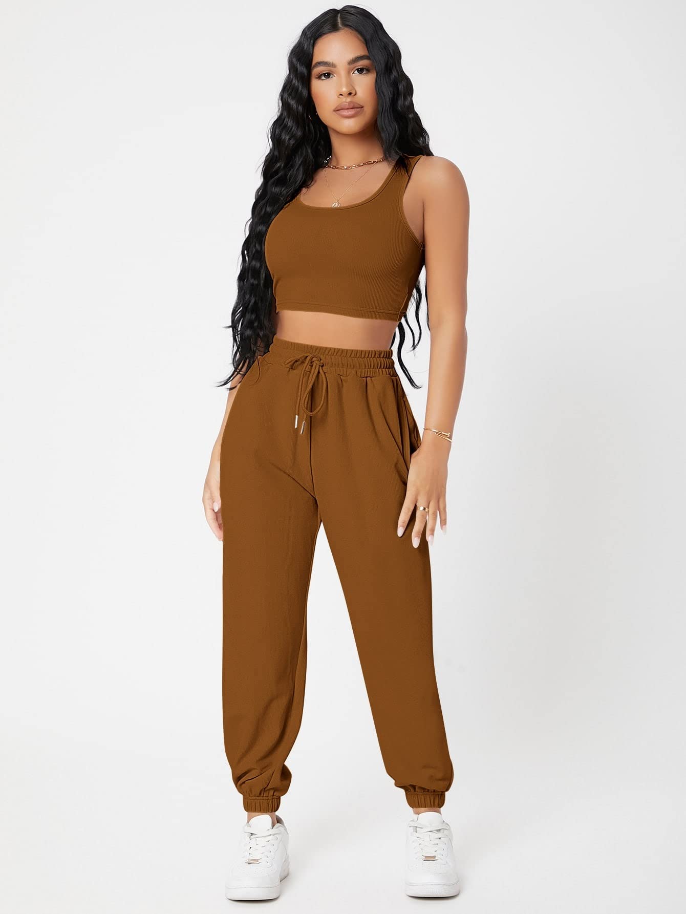 XENIS Women's 2 Piece Casual Outfit Set - Solid Color Crop Tank Top & Joggers Lounge Wear | Comfortable Summer Athleisure Set for Yoga, Running, Travel & Everyday Wear