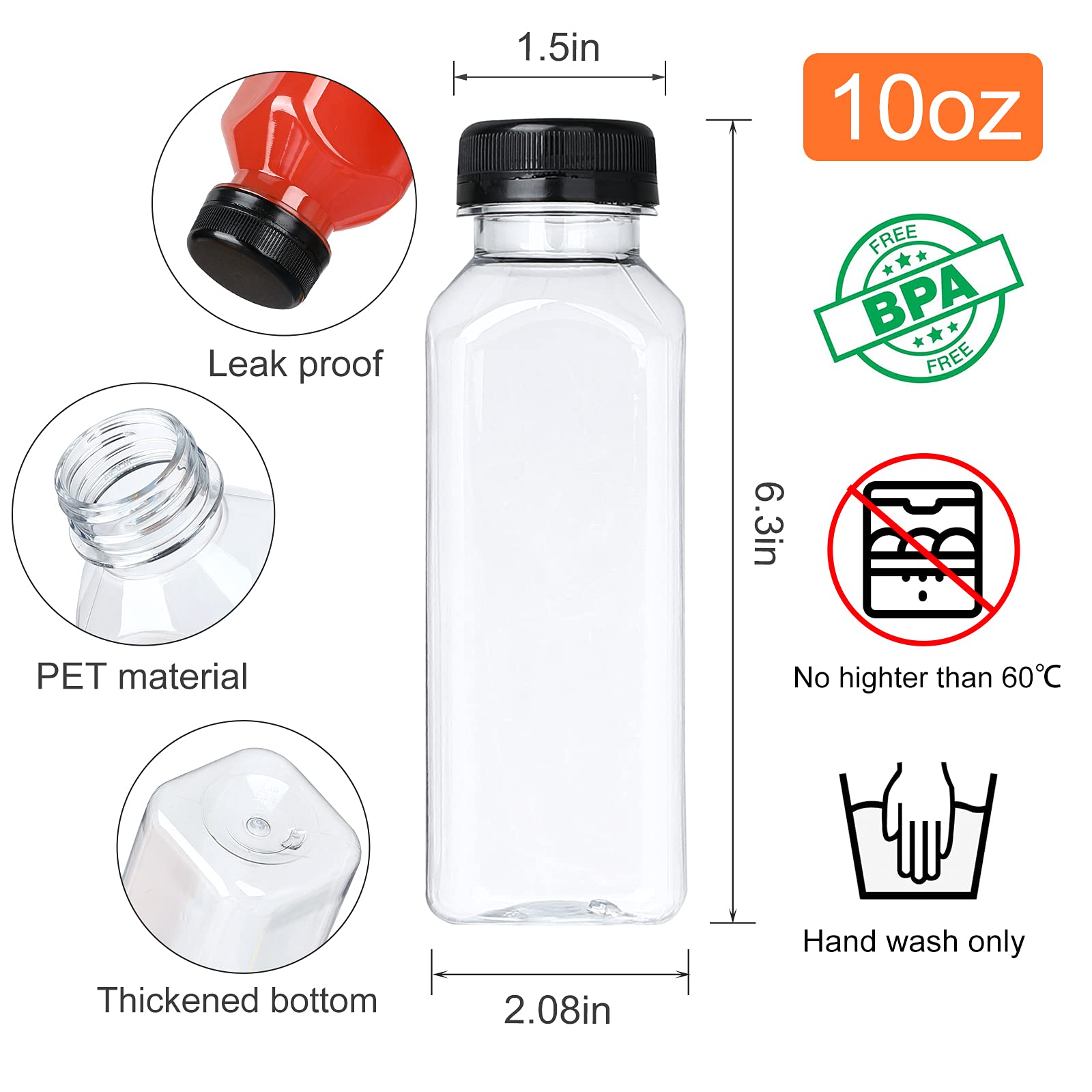 24 Pack 10oz Clear PET Plastic Juice Bottles with Leak-Proof Caps - Reusable, Recyclable Drink Containers for Water, Milk, Beverages - Perfect for Home, Office, Parties & DIY Projects