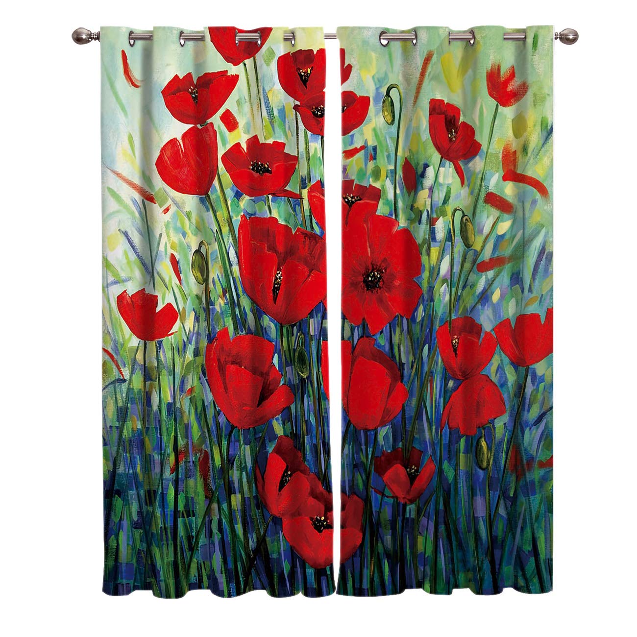 Red Floral Watercolor Window Curtains - 2 Panel Set for Living Room & Bedroom | Elegant Home Decor Drapes | Perfect for Cozy Spaces & Natural Light Control