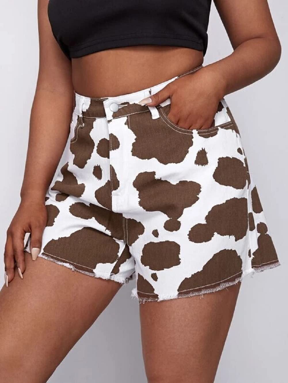 CHARTOU Women's High Waist Cow Print Denim Shorts - Distressed Raw Hem Casual Jean Shorts for Summer Outfits & Streetwear Fashion