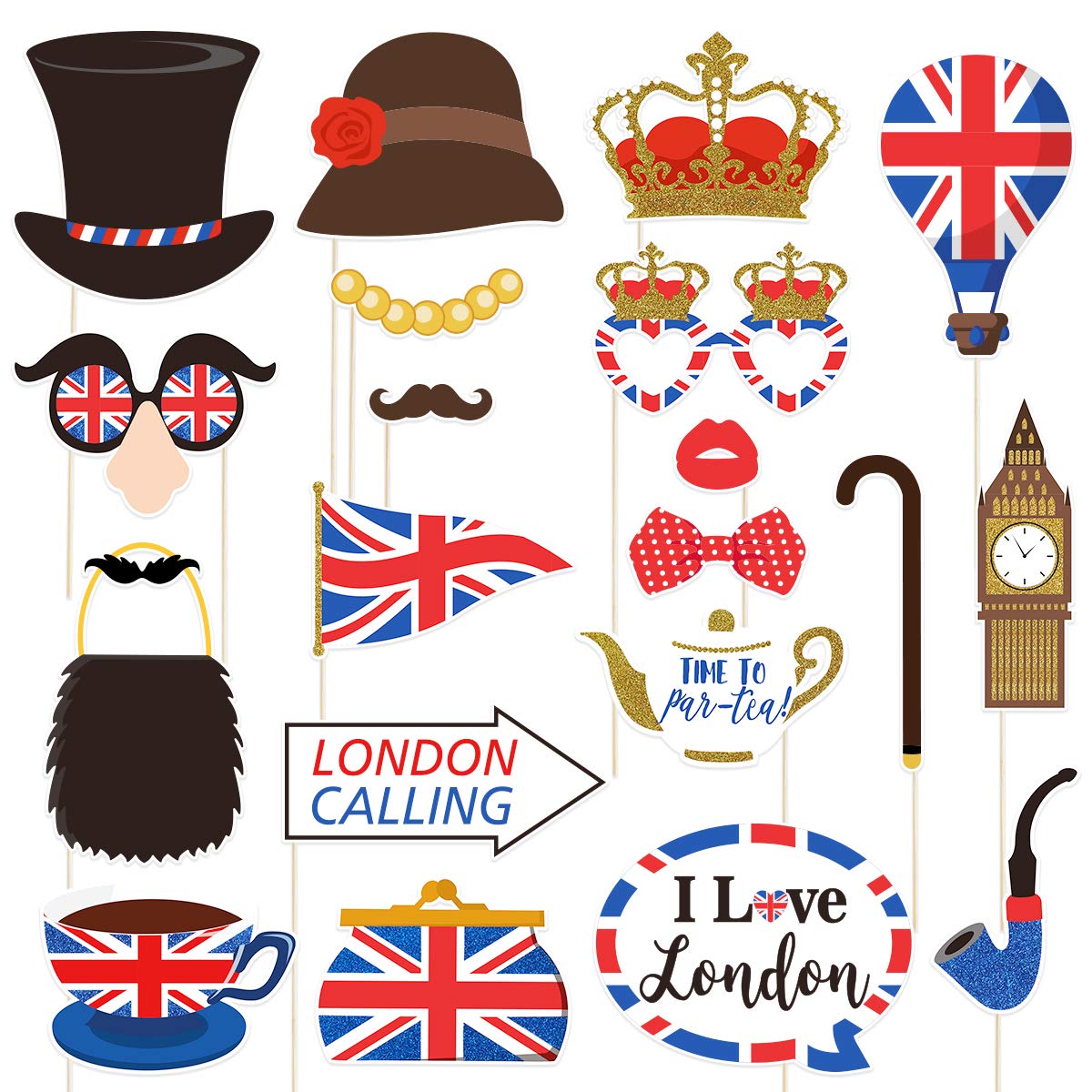 Amosfun 20PCS UK Flag Photo Booth Props - British National Day Party Decorations & Party Favors | Perfect for UK Themed Events, Independence Day Celebrations & Photo Backdrops