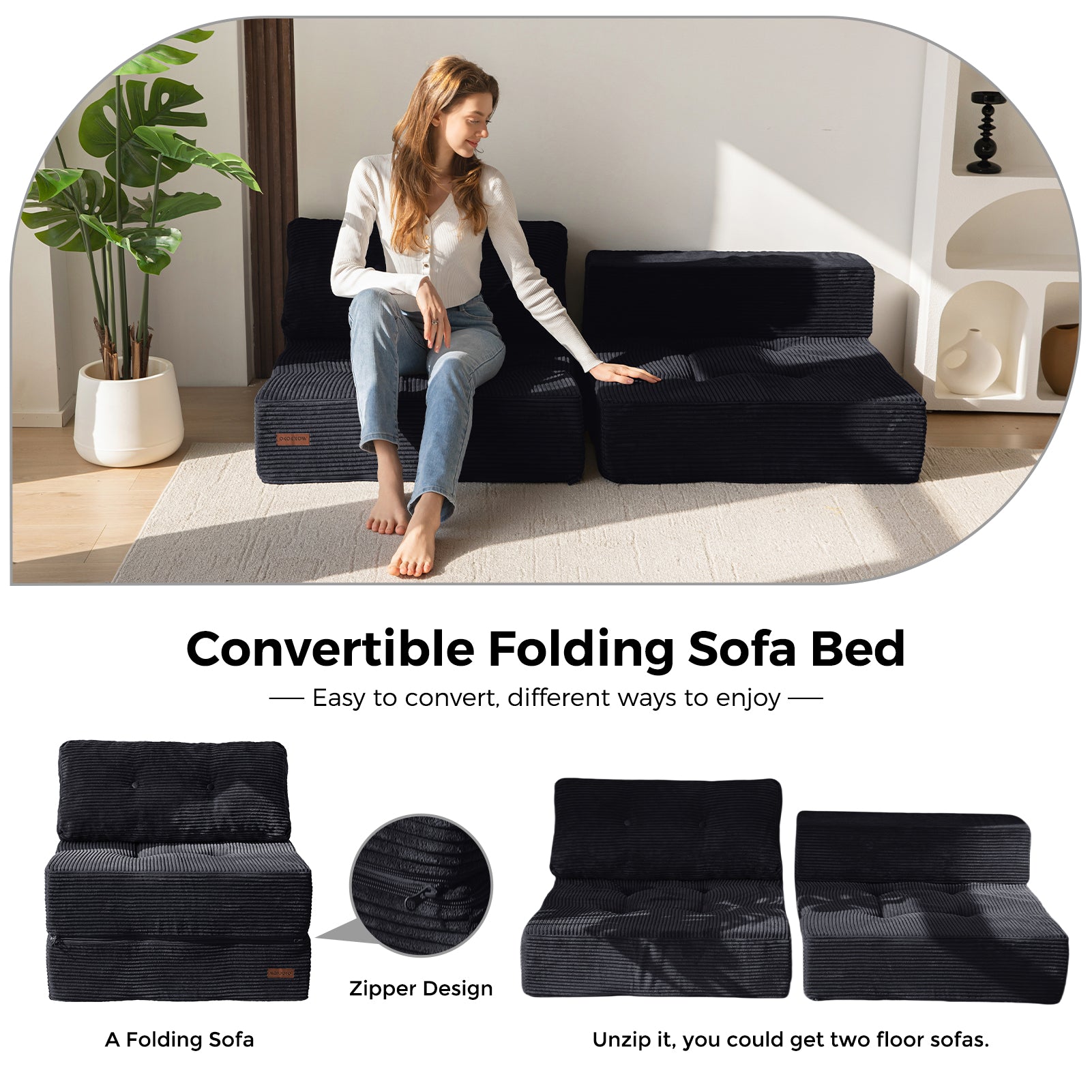 MAXYOYO Folding Sofa Bed - Convertible Sleeper Sofa with High Density Support Foam for Small Spaces, Guest Room & Studio Apartments - Perfect for Living Room, Bedroom & Office - Black