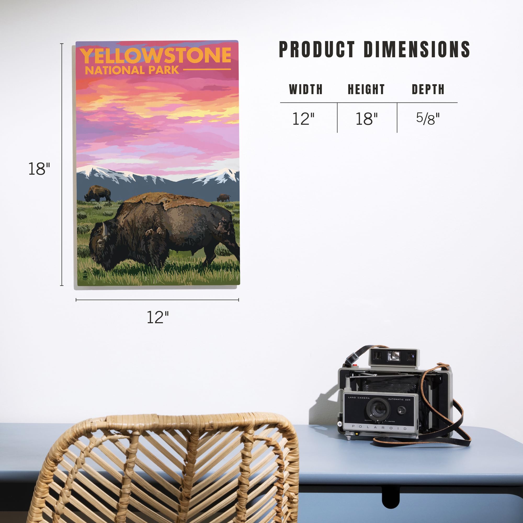 Lantern Press 12x18 Inch Premium Wood Wall Sign - Yellowstone National Park Bison Sunset Art - Ready to Hang Home Decor for Living Room, Bedroom, or Office