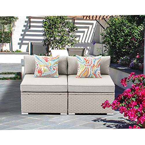 Sunbury 2-Piece Outdoor Sectional Wicker Sofa Set with Gray Cushions & Striped Pillows - Pearl Gray Patio Furniture for Backyard, Garden, Porch | Perfect for Relaxing, Entertaining Guests & Outdoor Lounging
