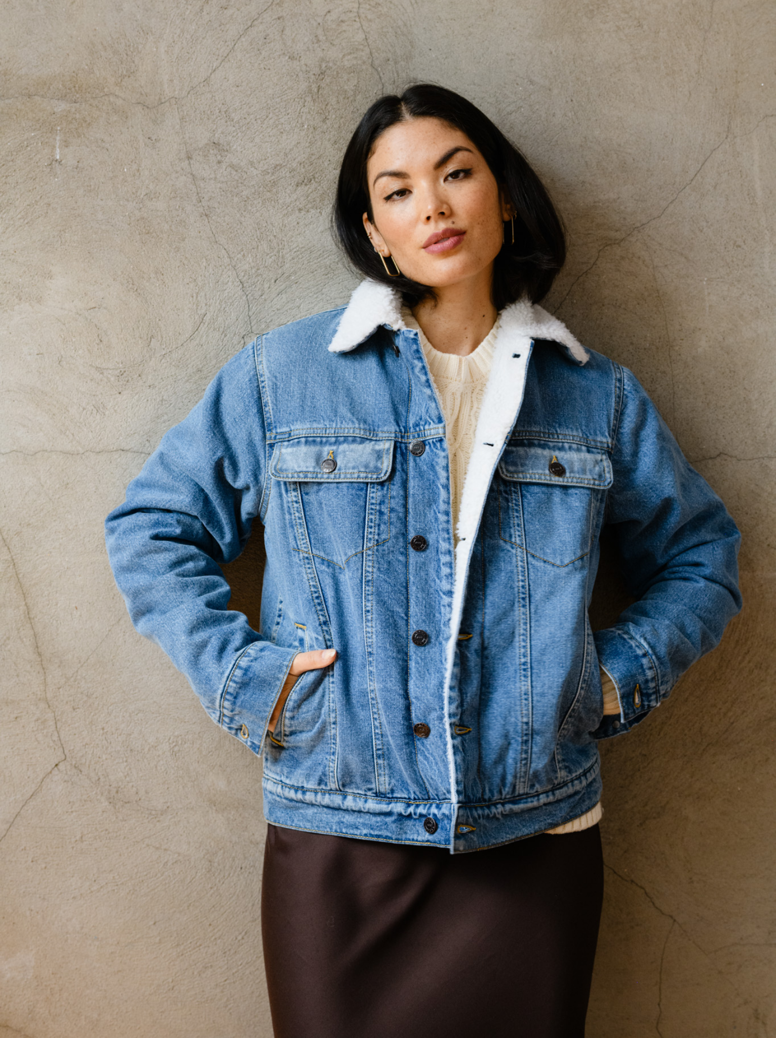 Shannon Sherpa Denim Jacket - Medium Indigo Wash Women's Vintage Denim Jacket with Cozy Sherpa Lining | Perfect for Fall Layering, Casual Outfits & Outdoor Adventures