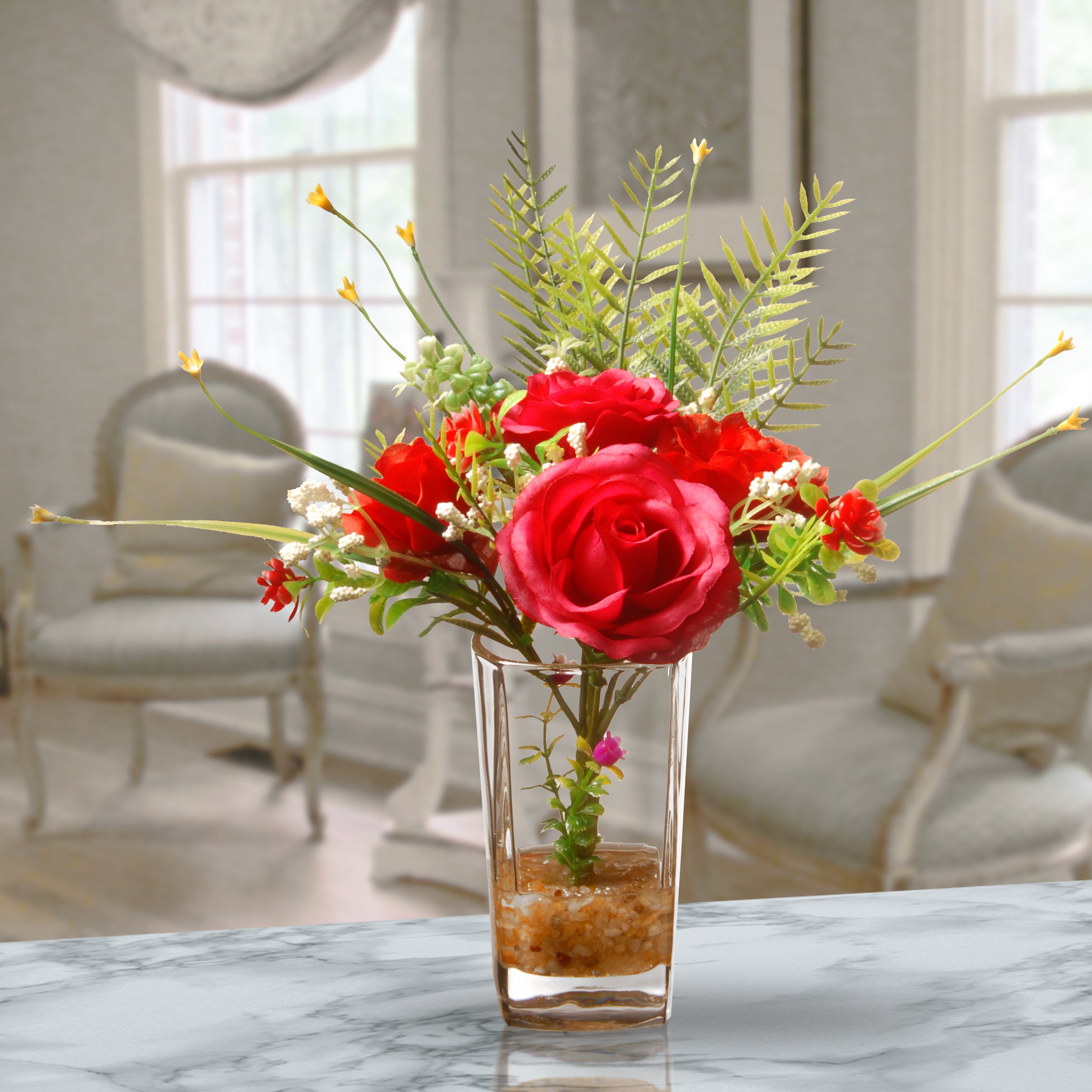 12 Inch Artificial Red Roses Bouquet in Glass Vase with Faux Leafy Greens - Home Decor, Wedding Centerpiece, Table Arrangement for Living Room & Office