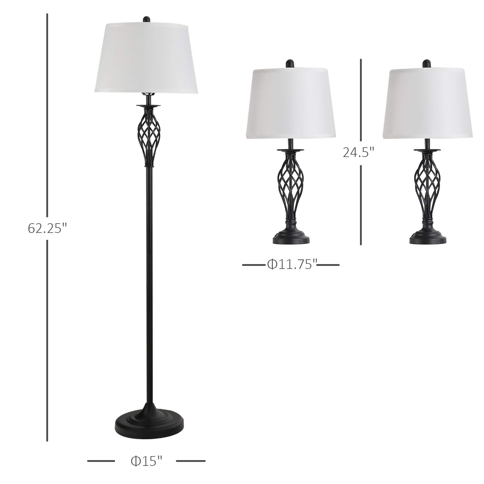 HOMCOM 3-Piece Modern Table & Floor Lamp Set - Metal Pole, Round Base, Fabric Lampshade - Black/White Lighting for Living Room, Bedroom & Office Decor