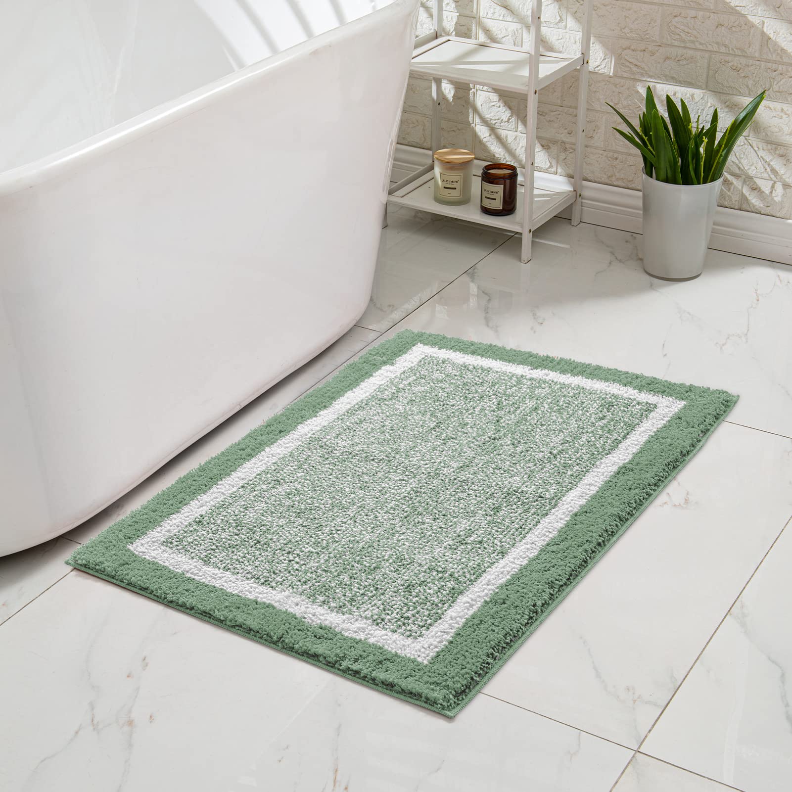 Non-Slip Fluffy Shaggy Bath Mat - Ultra Soft Absorbent Microfiber Bathroom Rug for Shower, Sink & Kitchen - Washable Sage Green Bath Mat 16